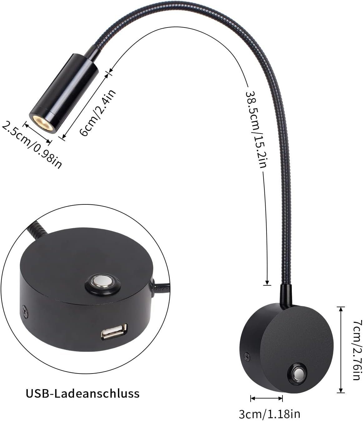 DOPWii Schreibtischlampe Leselampe Wandmontage,mit Schalter & 360° Schwarz USB-Ladeanschluss, Touch