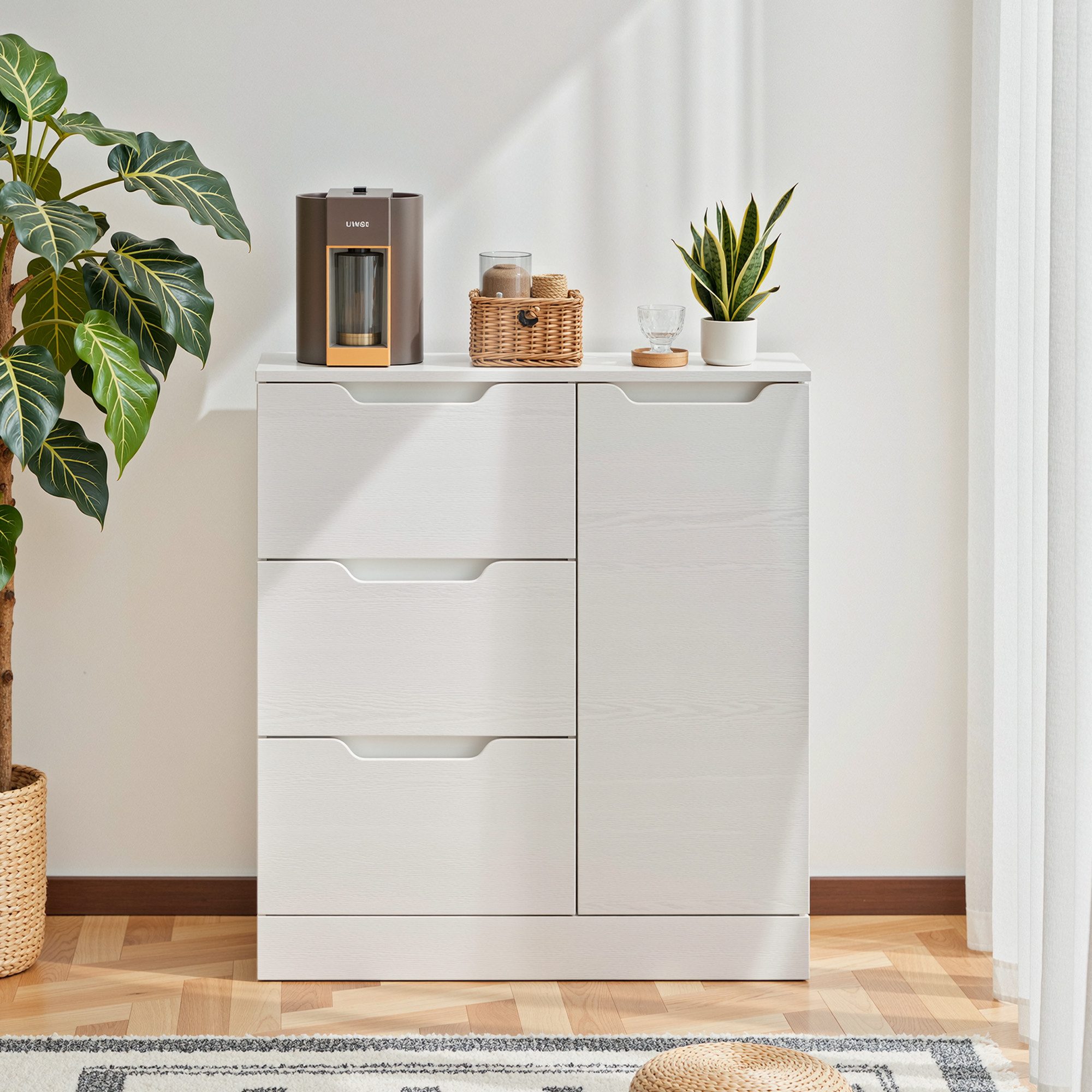 Bealife Kommode Schrank mit 3 Schubladen und 1/2 Tür, in Weiß