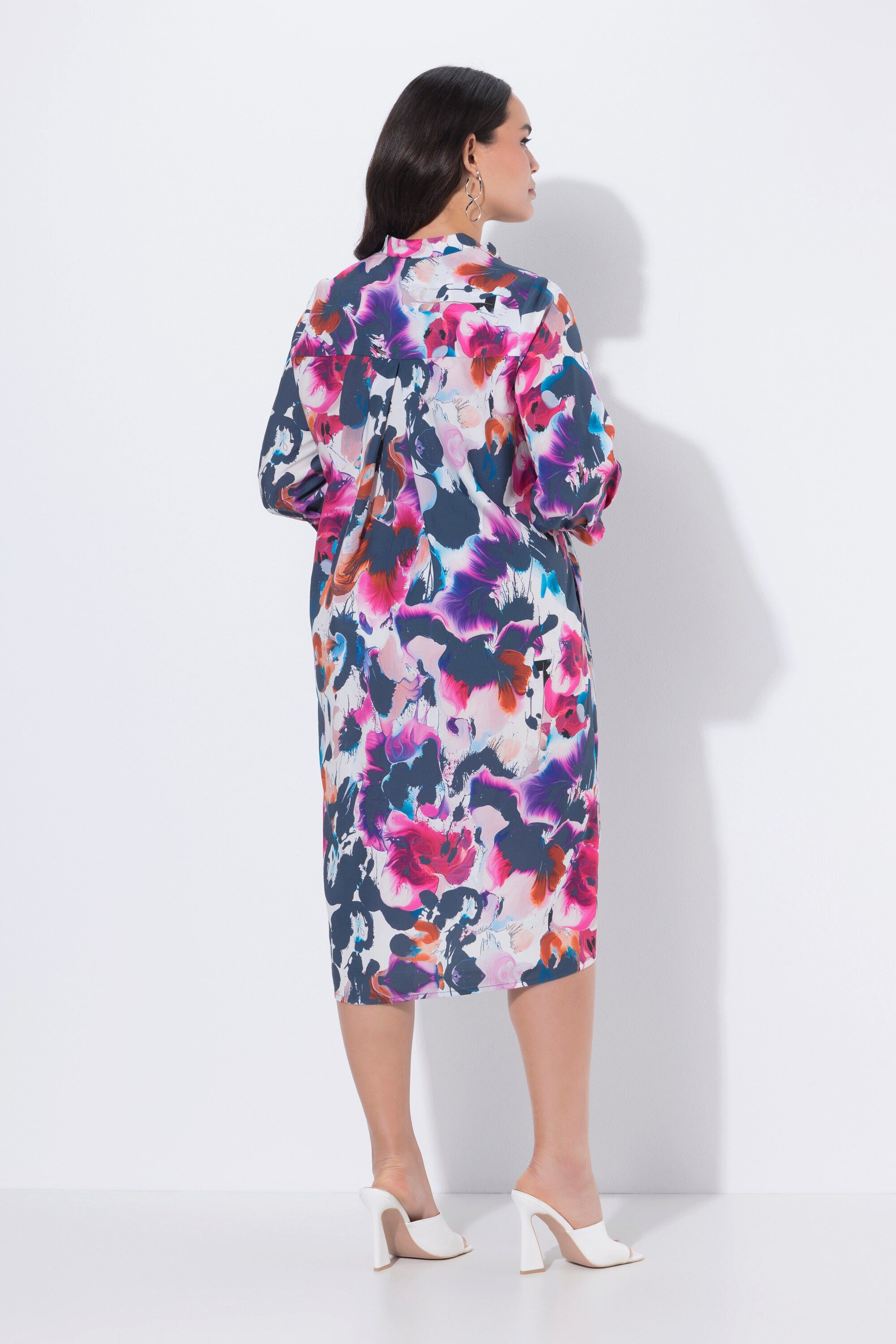 Ulla Popken Midikleid Lyocell-Midikleid Aquarell A-Linie V-Ausschnitt