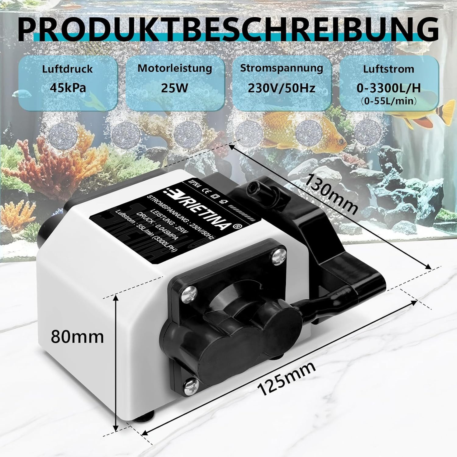 XERSEK Teichbelüfter 25W 3300L/H Aquarium Luftpumpe mit 6 Ausgängen Regelbare Belüfterpumpe, (mit 6 Luftsteine Sauerstoffpumpe, Sauerstoffpumpe für Gartenteiche)