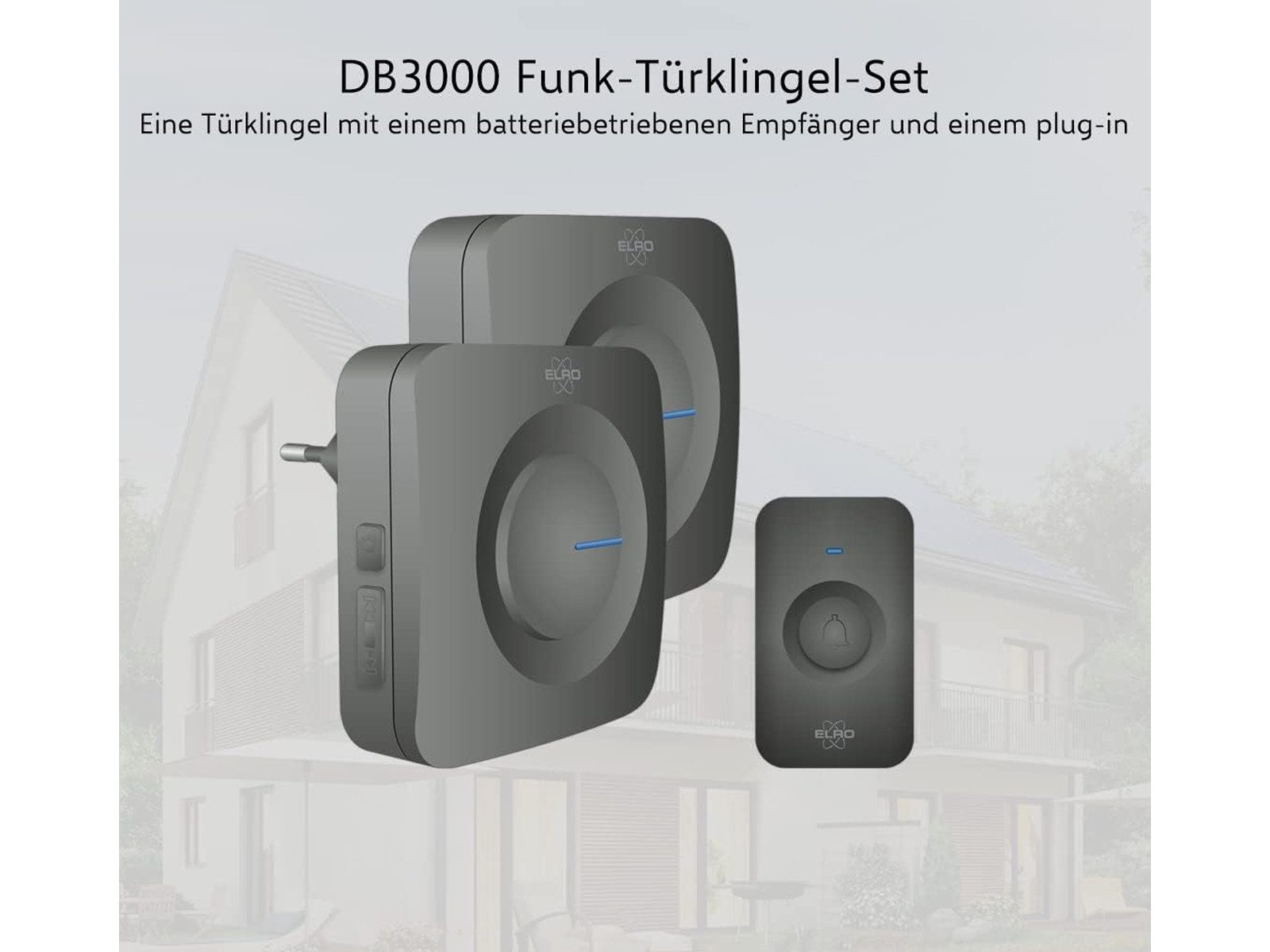 Elro Türklingel-Set, 2 Empfänger, 52 Klingeltöne, (3-tlg), Funkklingel mit Batterie Klingelanlage mit 2 Türgongs für Schwerhörige