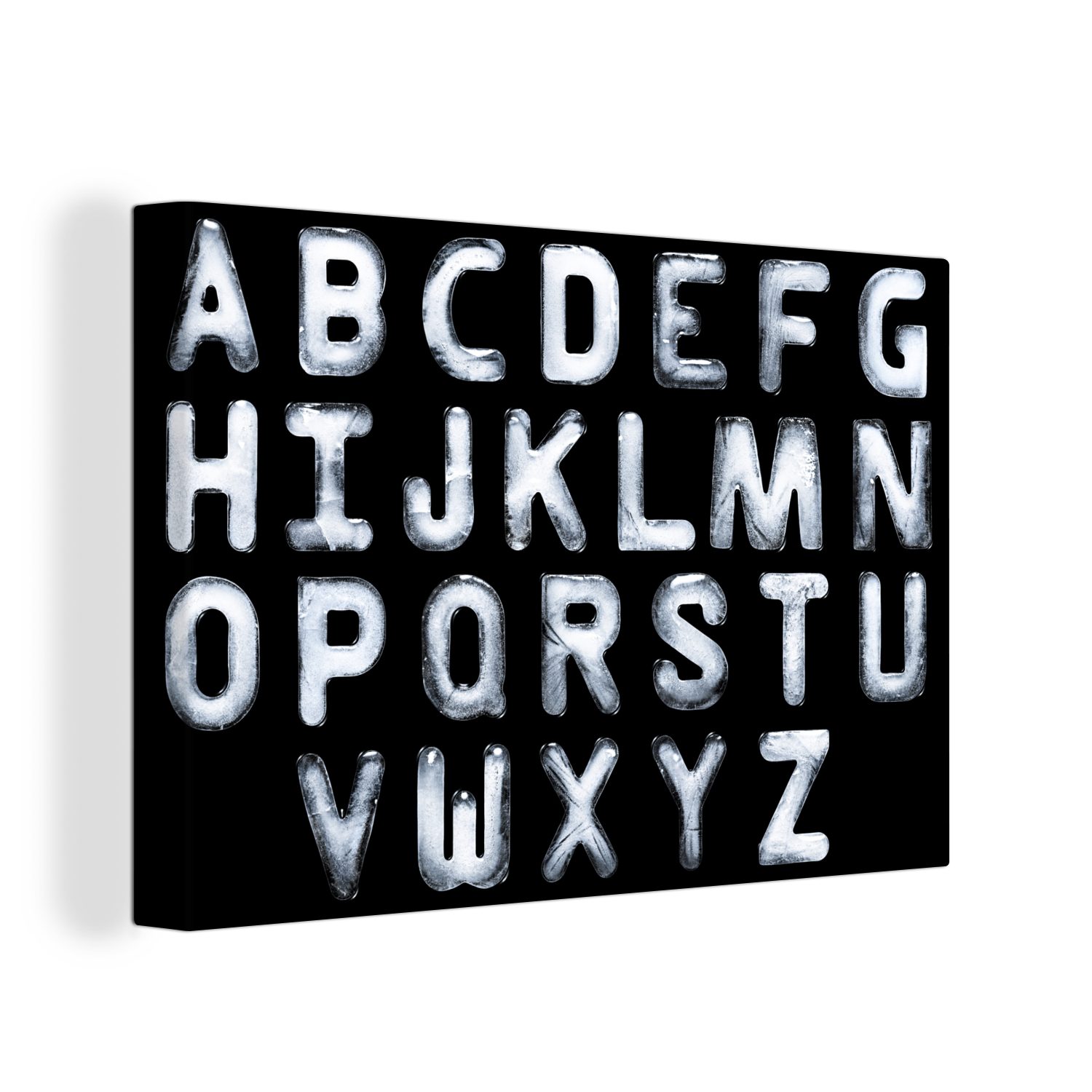 OneMillionCanvasses® Leinwandbild Das Alphabet aus Eis auf schwarzem Hintergrund, (1 St), Wandbild Leinwandbilder, Aufhängefertig, Wanddeko, 30x20 cm