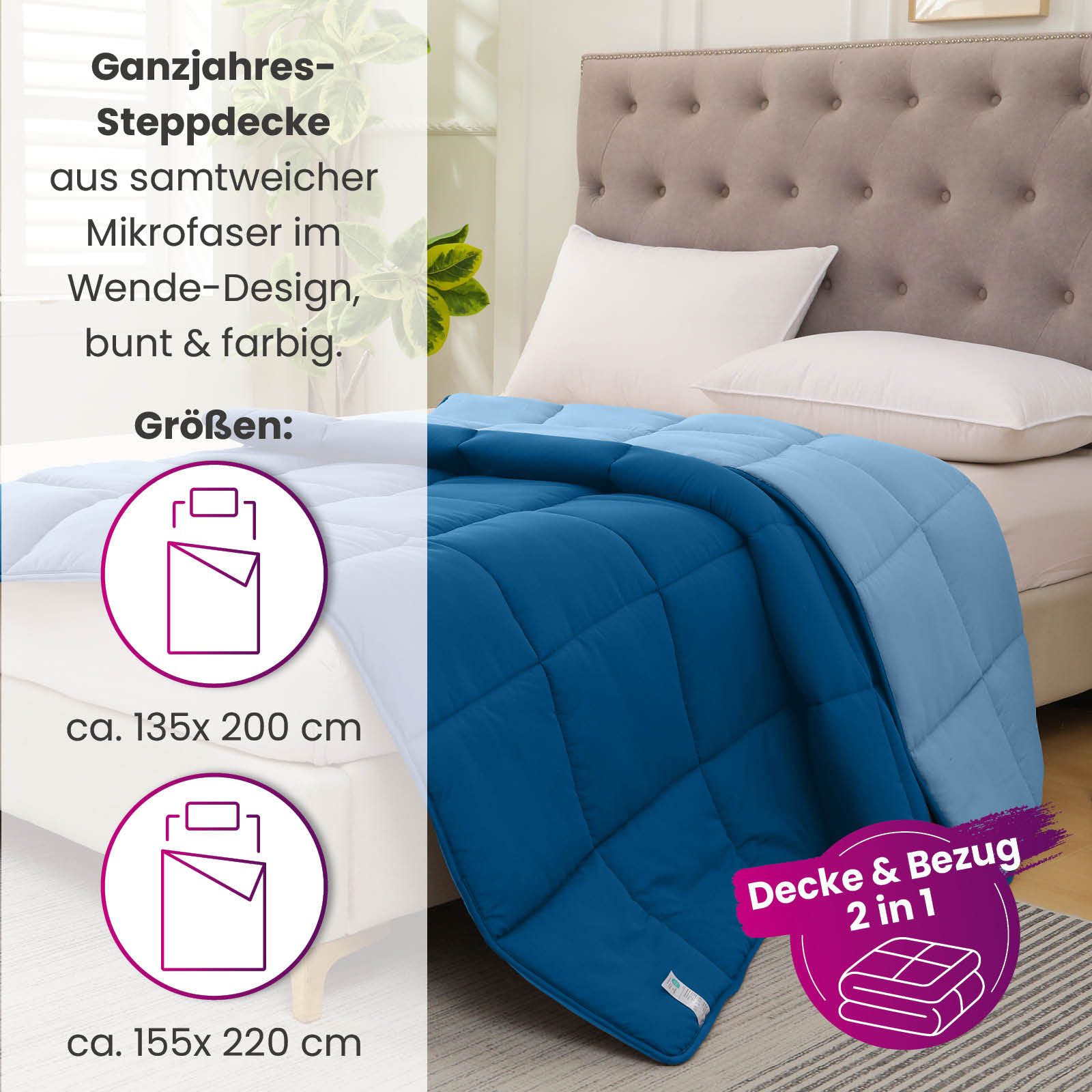 wometo Microfaserbettdecke Ganzjahr Steppbett Bi-Color 155x220 cm, Füllung: Kunstfaser, OEKO-TEX®, gesteppte Bettdecke für Herbst & Winter – Bild 2 von 5