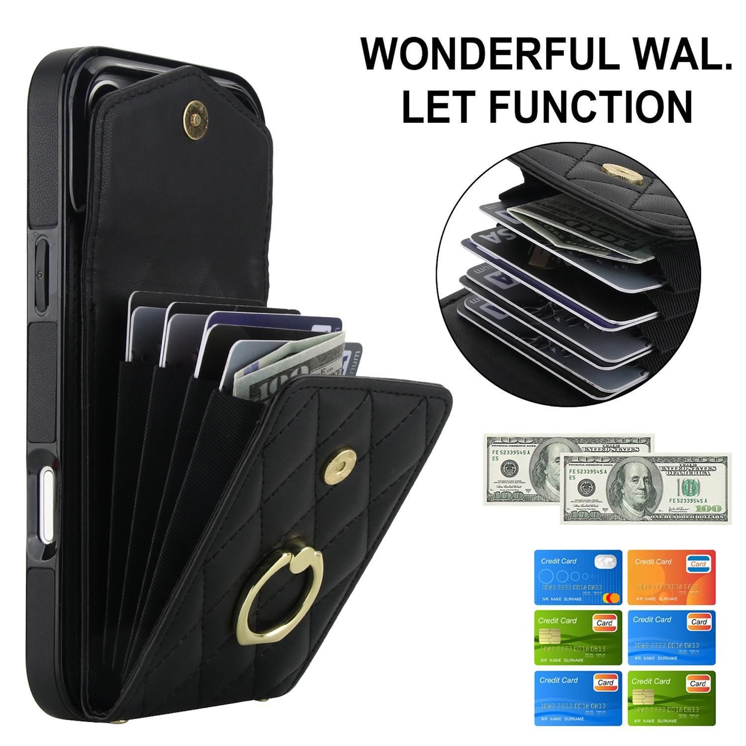 Wigento Handyhülle Für Apple iPhone 17 Pro Crossbody Kunstleder Rhombic Hülle Schwarz, Mit Kartenfächern, RFID-Schutz, Gurt
