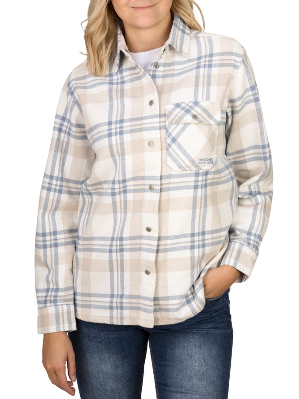 DENIMFY Hemdbluse Damen Bluse DFIsabella Regular Fit Flanellhemd aus 100% Baumwolle Offwhite-Birch Beige-Morning Fog Blue