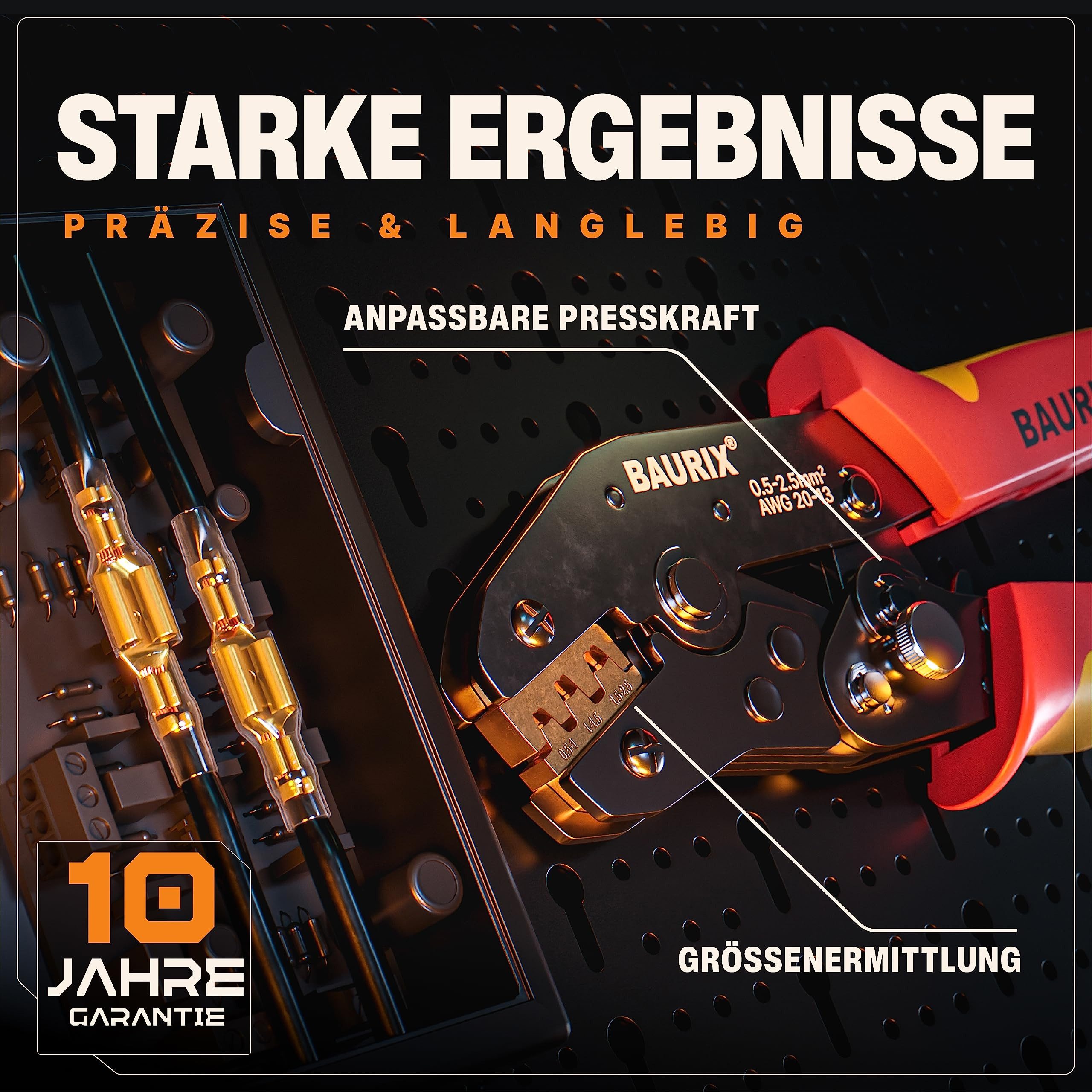 BAURIX Crimpzange inkl. 300 Stück Flachsteckhülsen Set I, Krimpzange für 0,50-2,50 mm² Steckverbinder I 300-tlg., Crimpzangen Tool, Crimp Zange, Flachsteckhülsenzange, Crimpwerkzeug