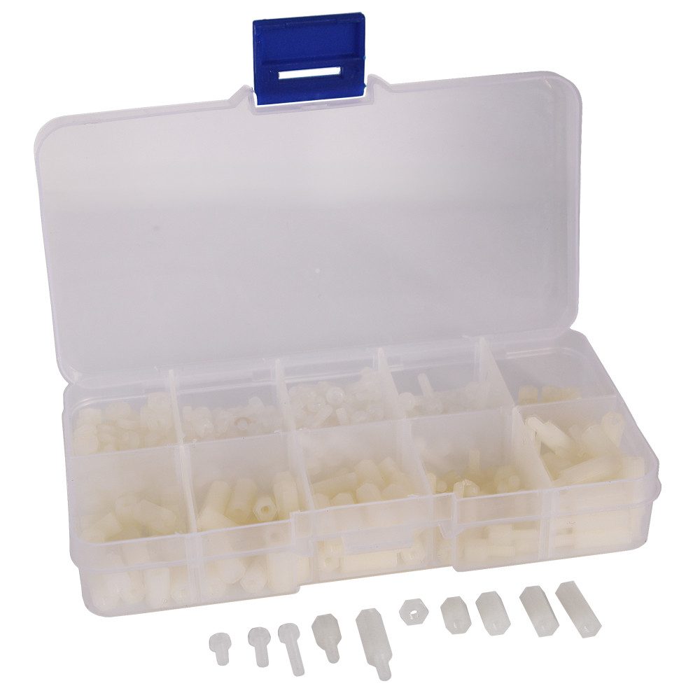 420-teiliges Nylon Abstandshalter Sortiment in Kunststoffbox, M2,5, Adapter