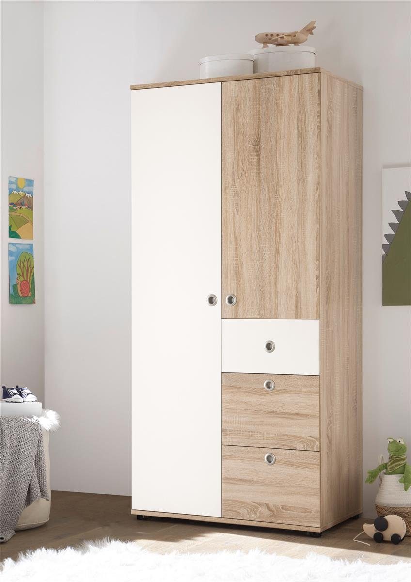 Sonoma-Eiche möbelando Moderner Höhe 90 in Floris cm, 191 cm Türen Kinder-Kleiderschrank dahinter Einlegeböden. Absetzungen 2 Schubkästen Kleiderstangen 2 Drehtürenschrank in 3 mit Tiefe Nachbildung, und Weiß 3 Spanplatte cm, aus 53 und Breite