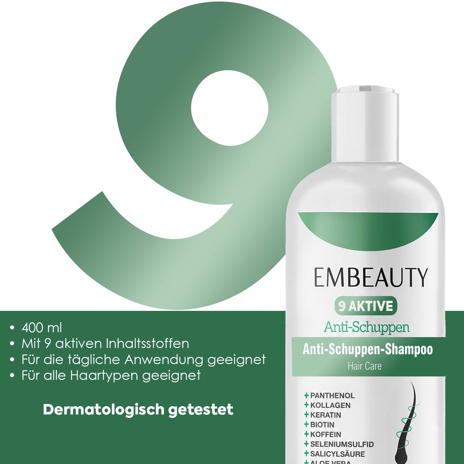 EMBEAUTY Haarshampoo Anti-Schuppen Shampoo – 9 Aktivstoffe, Sulfatfrei, 400 ml, Sulfatfreies Anti-Schuppen Shampoo – 400 ml