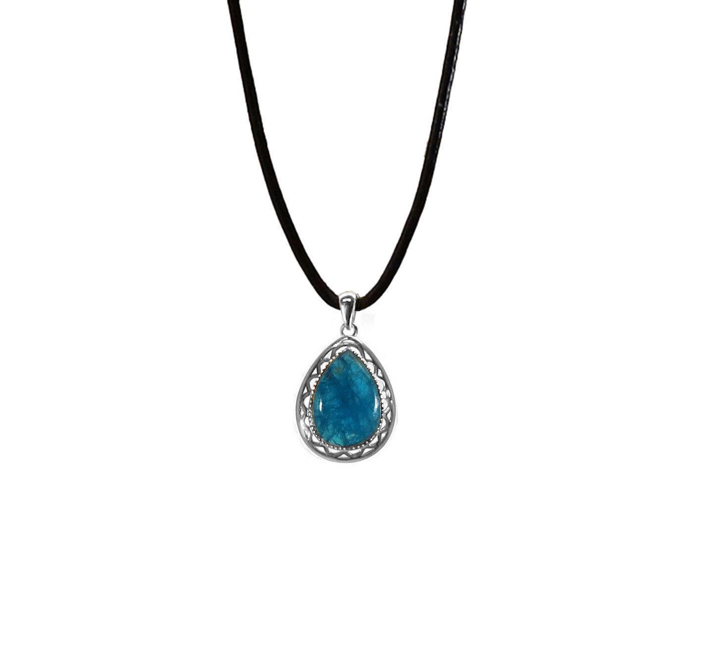 Edellis Kette mit Anhänger Halskette mit Tropfen Anhänger aus Naturstein, Ziegenleder und Silber