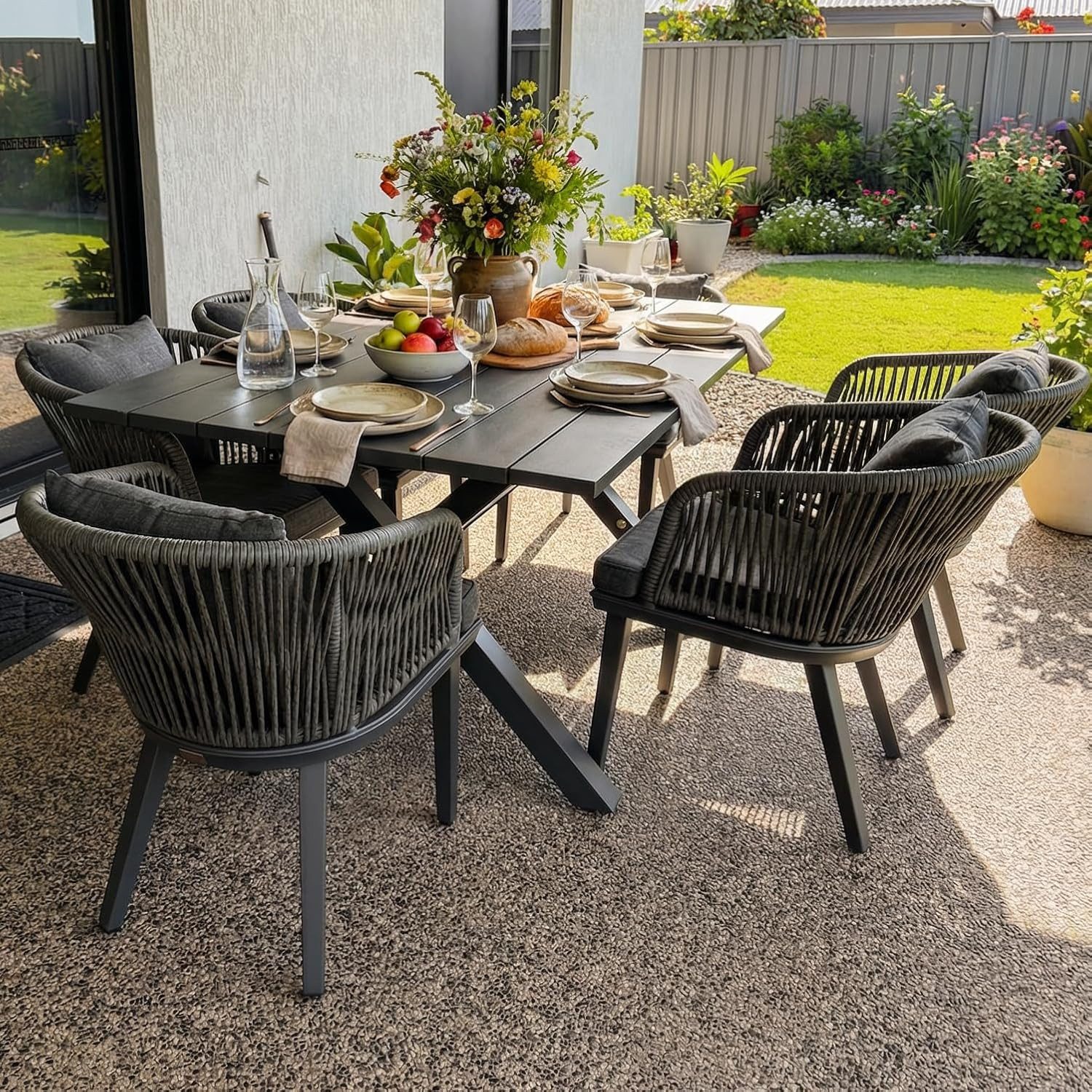 PURPLE LEAF Garten-Essgruppe PE-Rattan mit Aluminiumrahmen, witterungsbeständig, (Set, 1 Tisch, 6 Stuhle), mit Kissen und Rückenlehne