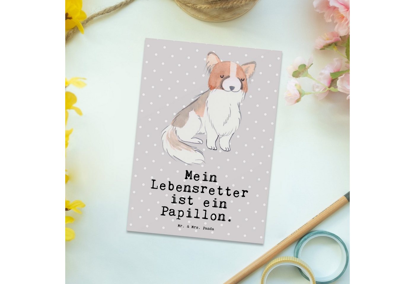 Thumbnail - Mr. & Mrs. Panda Postkarte Papillon Lebensretter - Grau Pastell - Geschenk, Ansichtskarten, Kont, Glücksmomente teilen