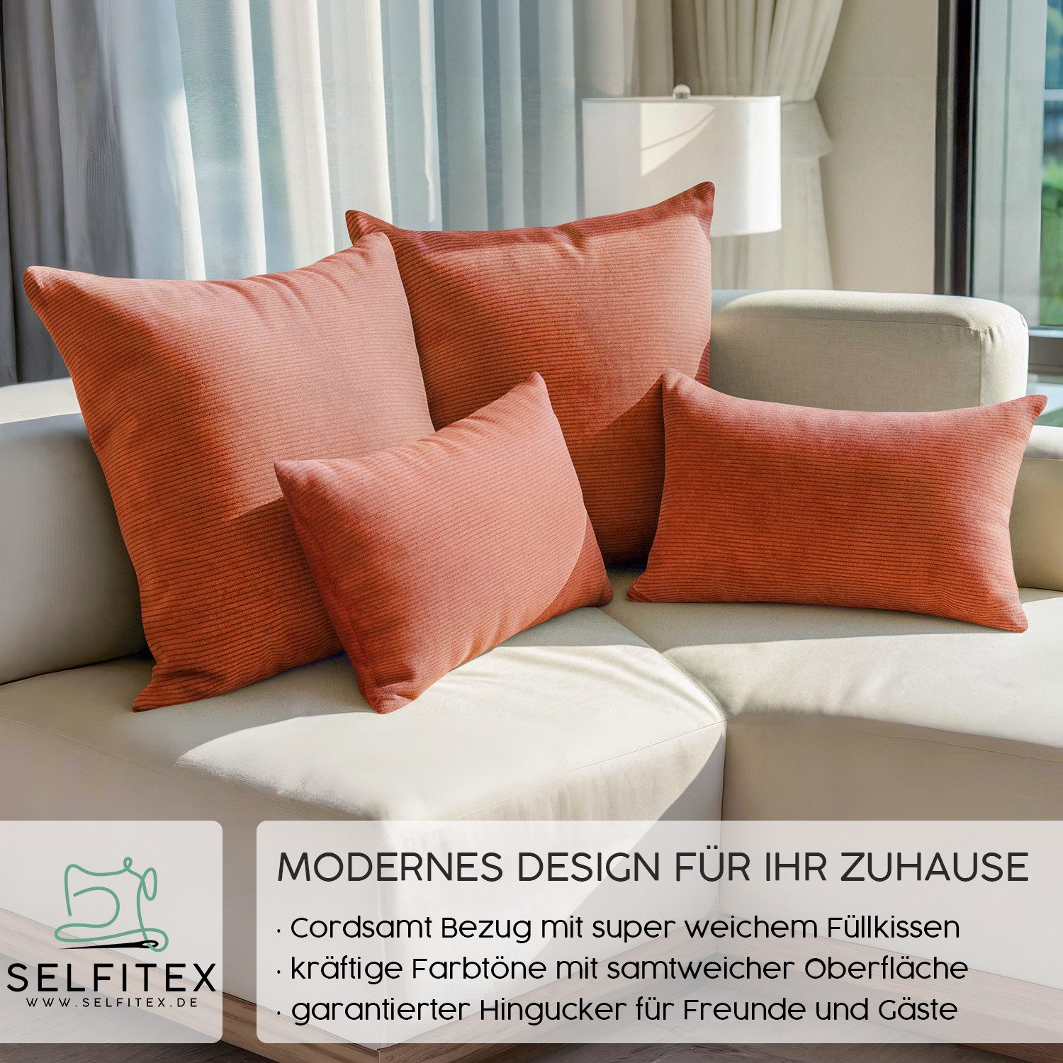 Selfitex Dekokissen 4er Set Cord Kissen inkl. Füllkissen, 2x 50x50 & 2x 30x50, robuster Bezug mit satten Farben, weiches Füllkissen