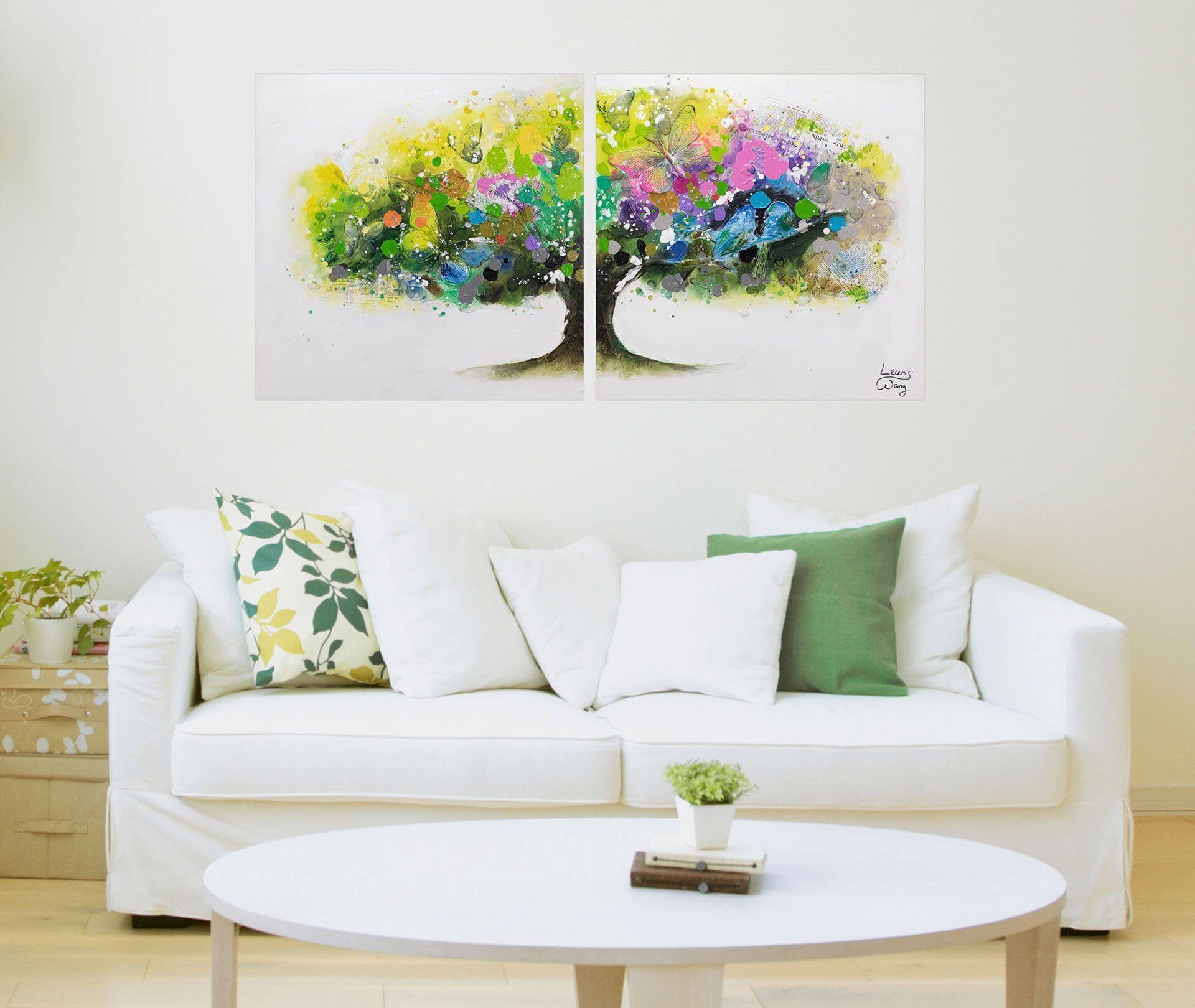 cm, Gemälde 100% KUNSTLOFT Leinwandbild Wandbild Regenbogenbaum 160x80 Wohnzimmer HANDGEMALT