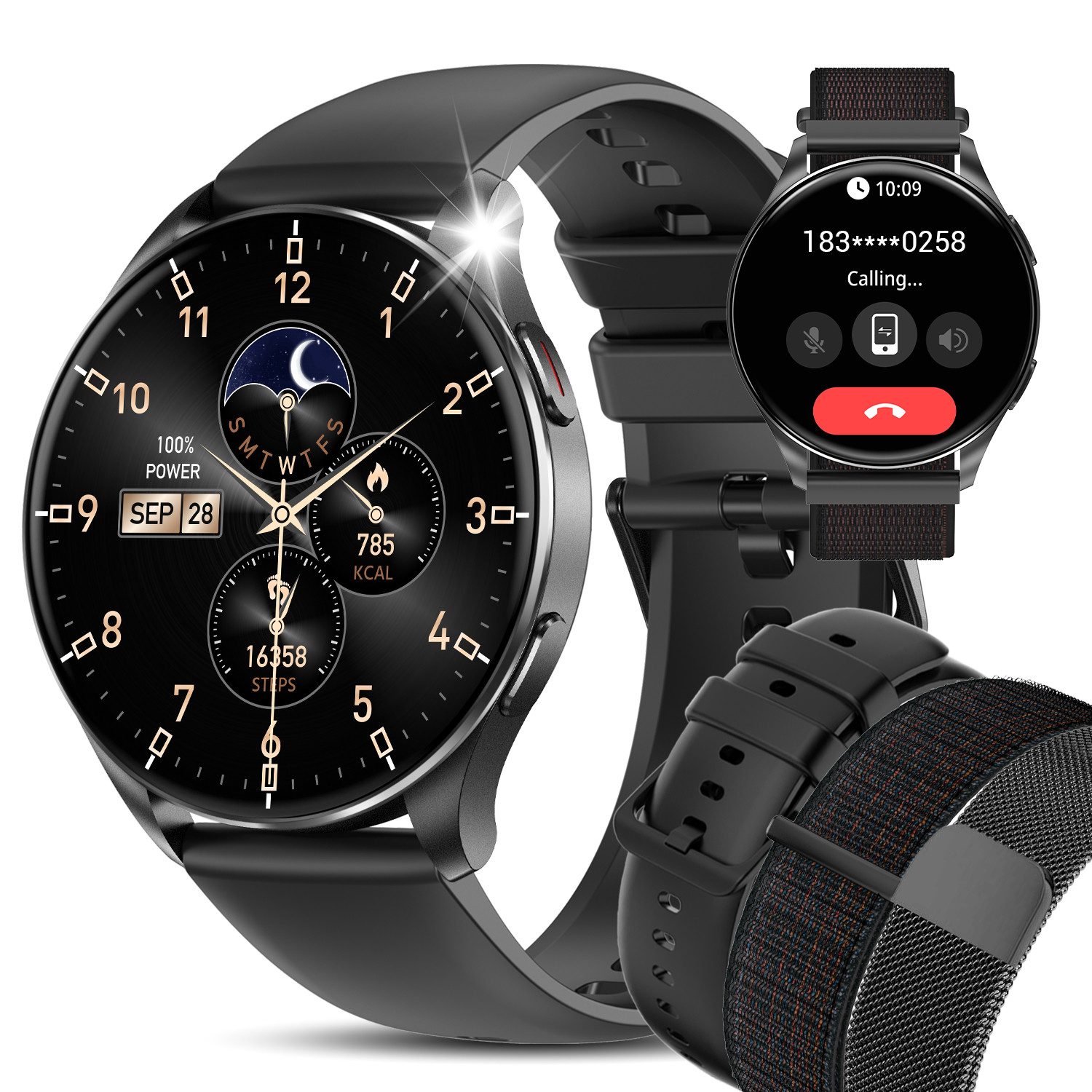 blackview Smartwatch Herren Damen,1,43" AMOLED,380mAh (5 Tage), Bluetooth-Anrufe Smartwatch (1.43 Zoll, IOS/Android), 1-tlg., 3× Armband (Metallarmband+Silikonarmband + Geflochtenes Uhrenarmband), Antwort&Anruf tätigen,KI-Sprachassistent,HR,SpO2,Schlaf,Schritten,IP68