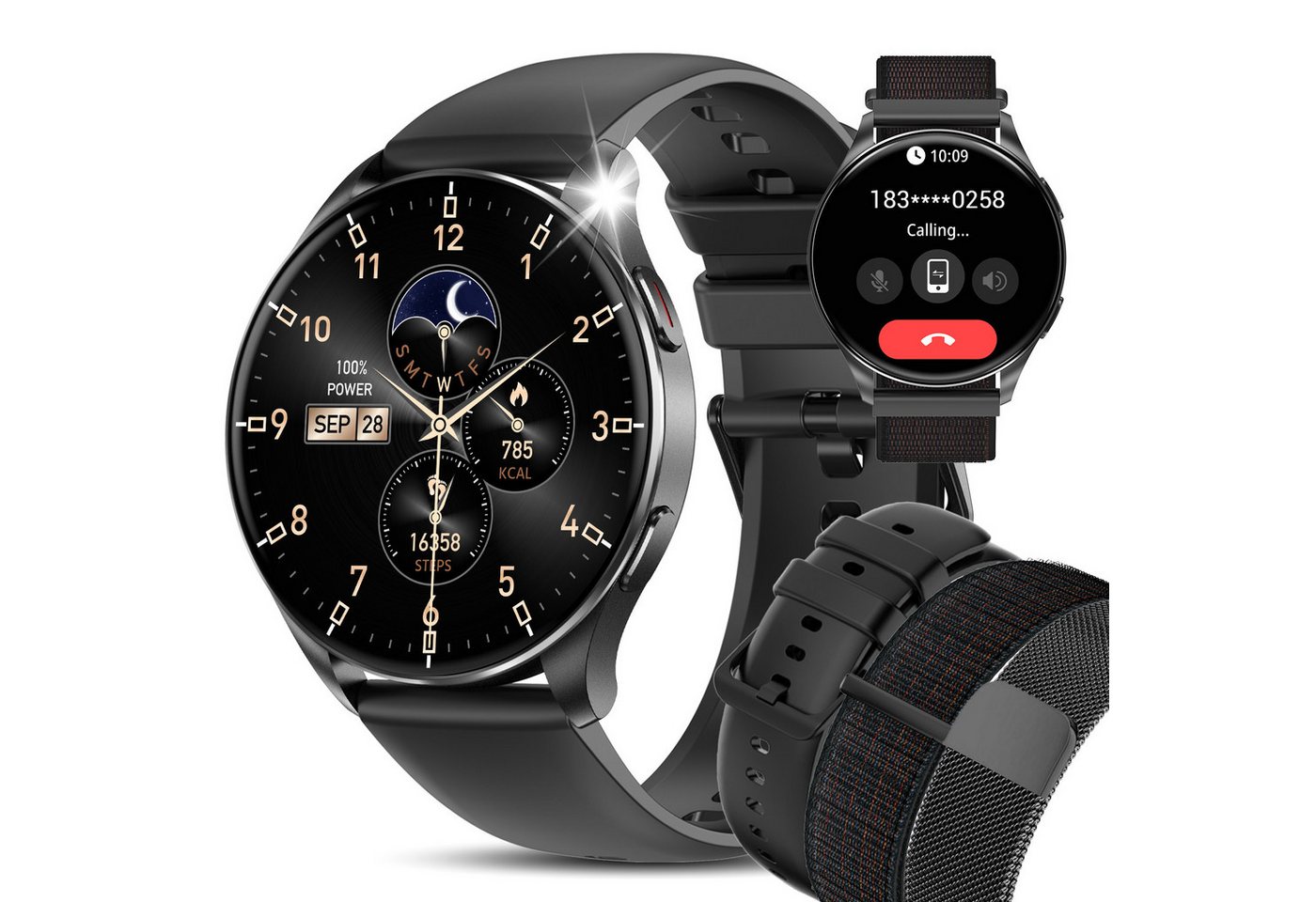 blackview Smartwatch Herren Damen,1,43" AMOLED,380mAh (5 Tage), Bluetooth-Anrufe Smartwatch (1.43 Zoll, IOS/Android), 1-tlg., 3× Armband (Metallarmband+Silikonarmband + Geflochtenes Uhrenarmband), Antwort&Anruf tätigen,KI-Sprachassistent,HR,SpO2,Schlaf,Sc