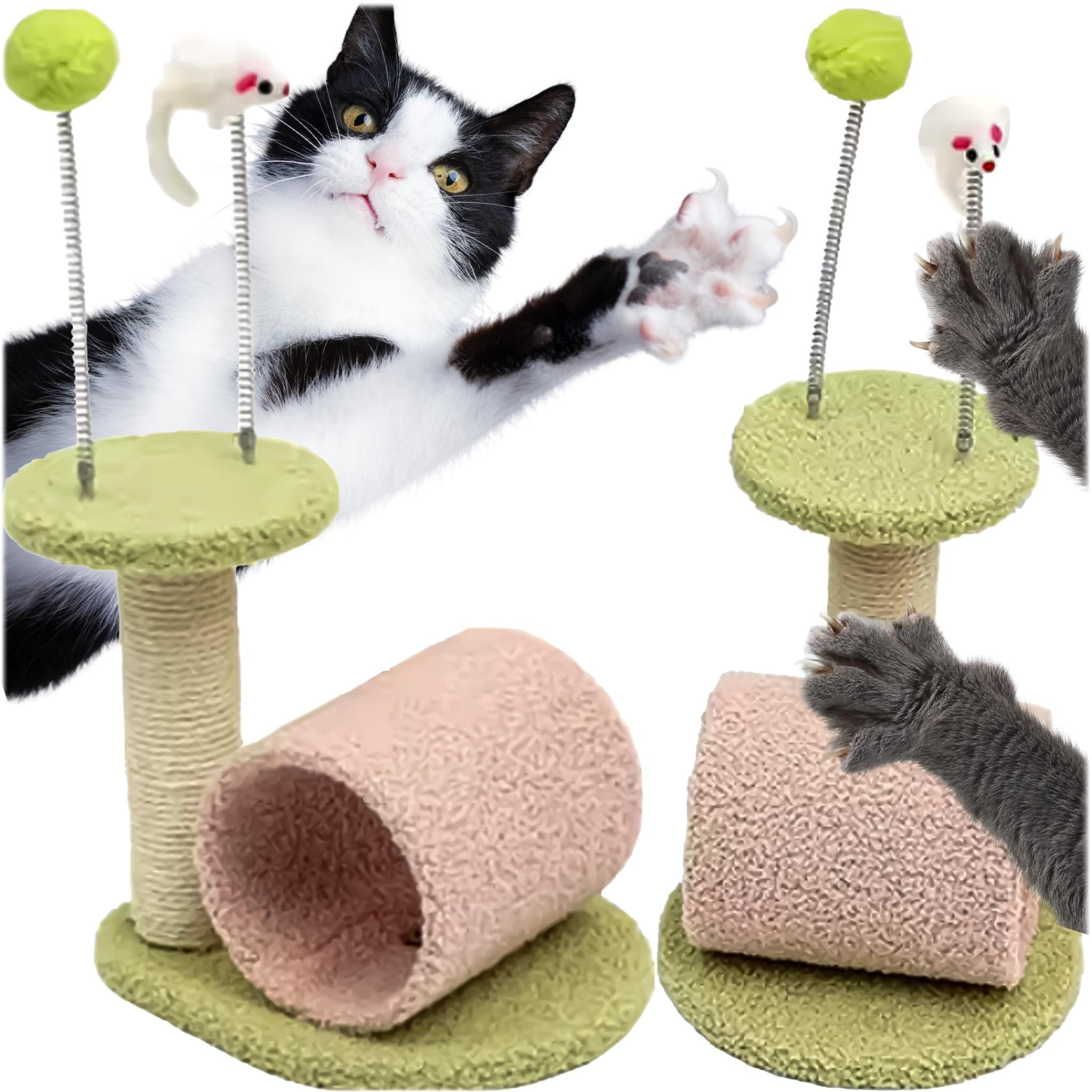 Realb2b Kratzbaum Katzenkratzbaum mit Tunnel & Spielzeug – Robust & Kuschelig., Kompakter Kratzbaum mit Sisalpfosten, Tunnel & Spielball.