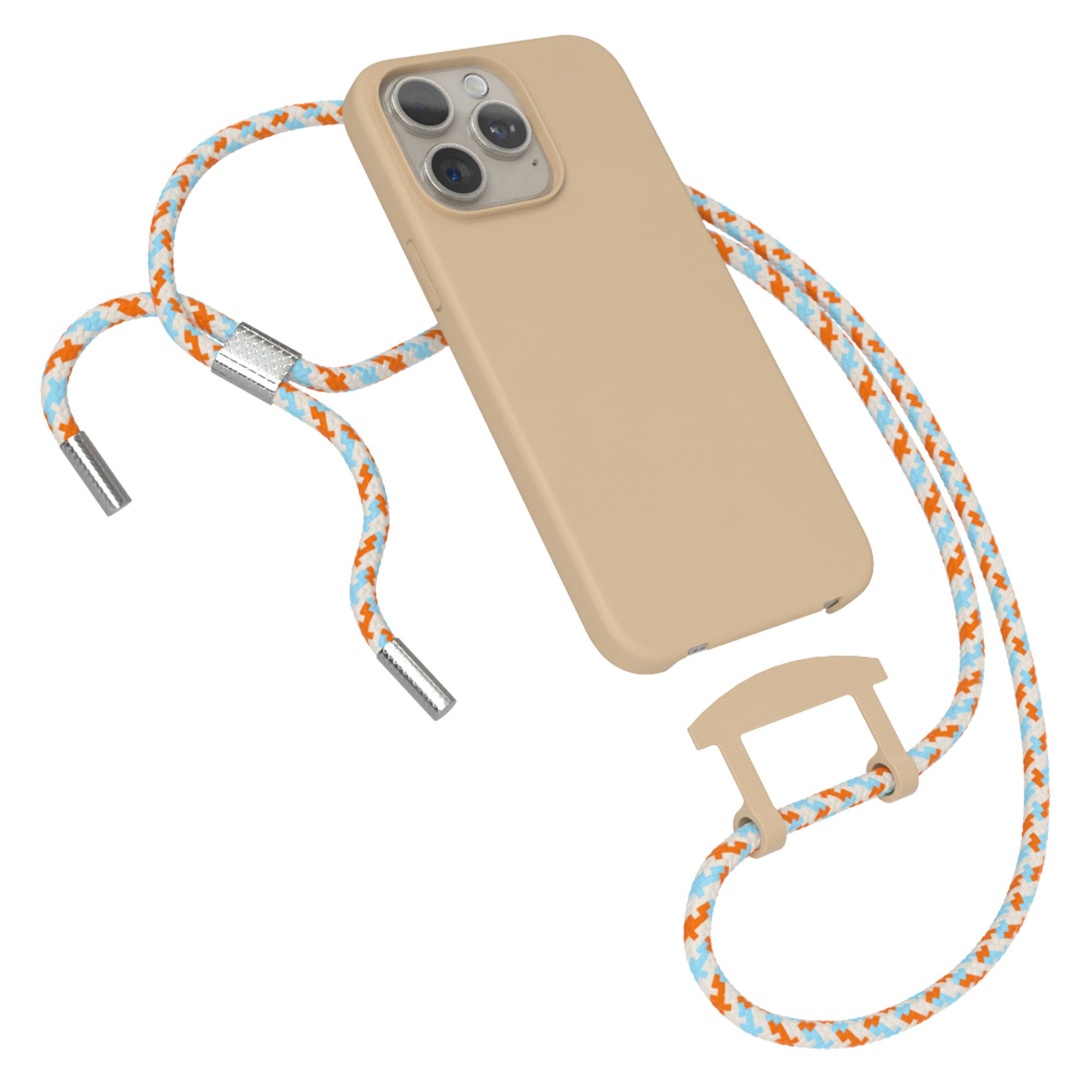 EAZY CASE Handykette 2in1 Hülle mit Band für iPhone 15 Pro Max 6,7 Zoll, Handykette zum Umhängen Slim Phone Chain Festivalbag Smartphone Taupe