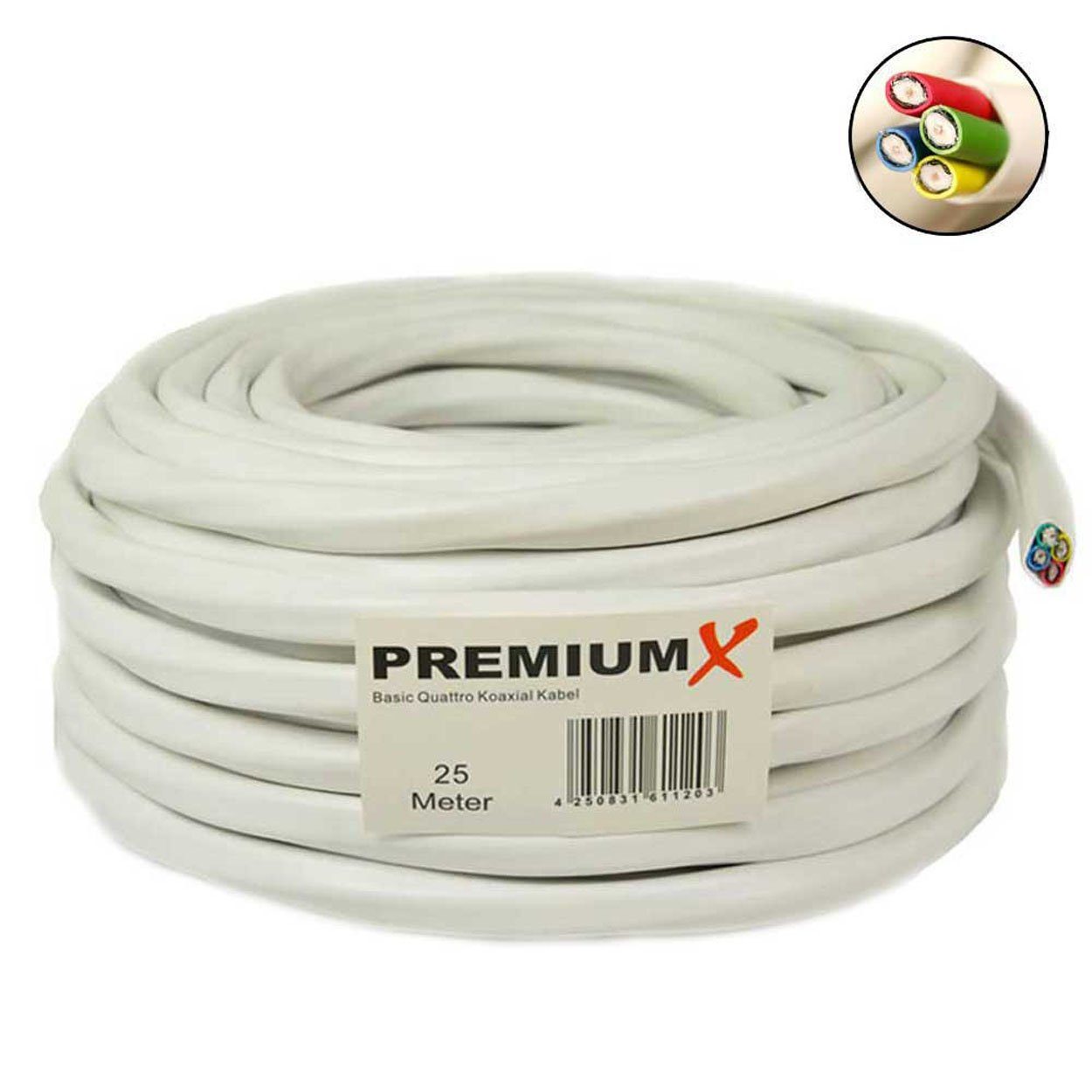 PremiumX Quattro 90dB SAT Kabel Basic 16x SAT-Kabel Weiß Koaxial Quad 25m F-Stecker
