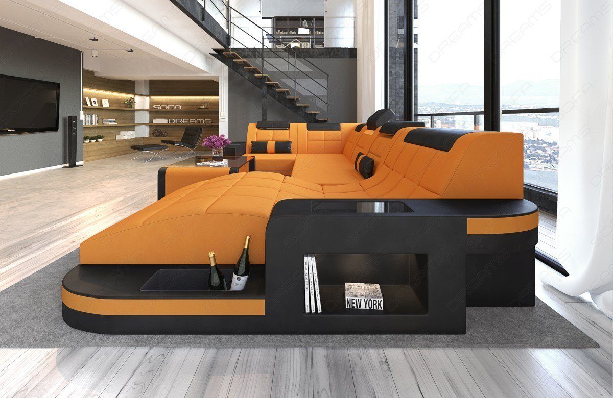 Sofa Dreams Form wahlweise Mikrofaser U Wohnlandschaft apricot-schwarz Bettfunktion Couch M Stoff, Wave mit Stoffsofa Polstersofa