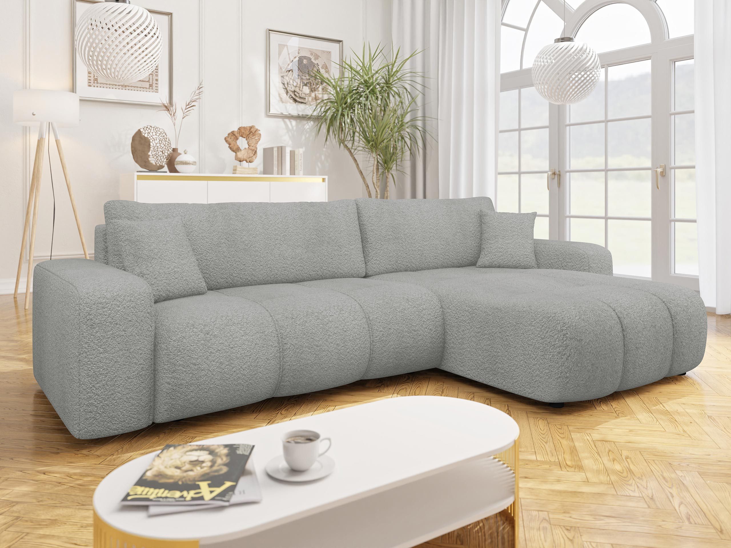 MIRJAN24 Ecksofa Fetrinu Maxi Boucle, mit Schlaffunktion und Bettkasten, 274x145x82 cm, zwei Dekokissen