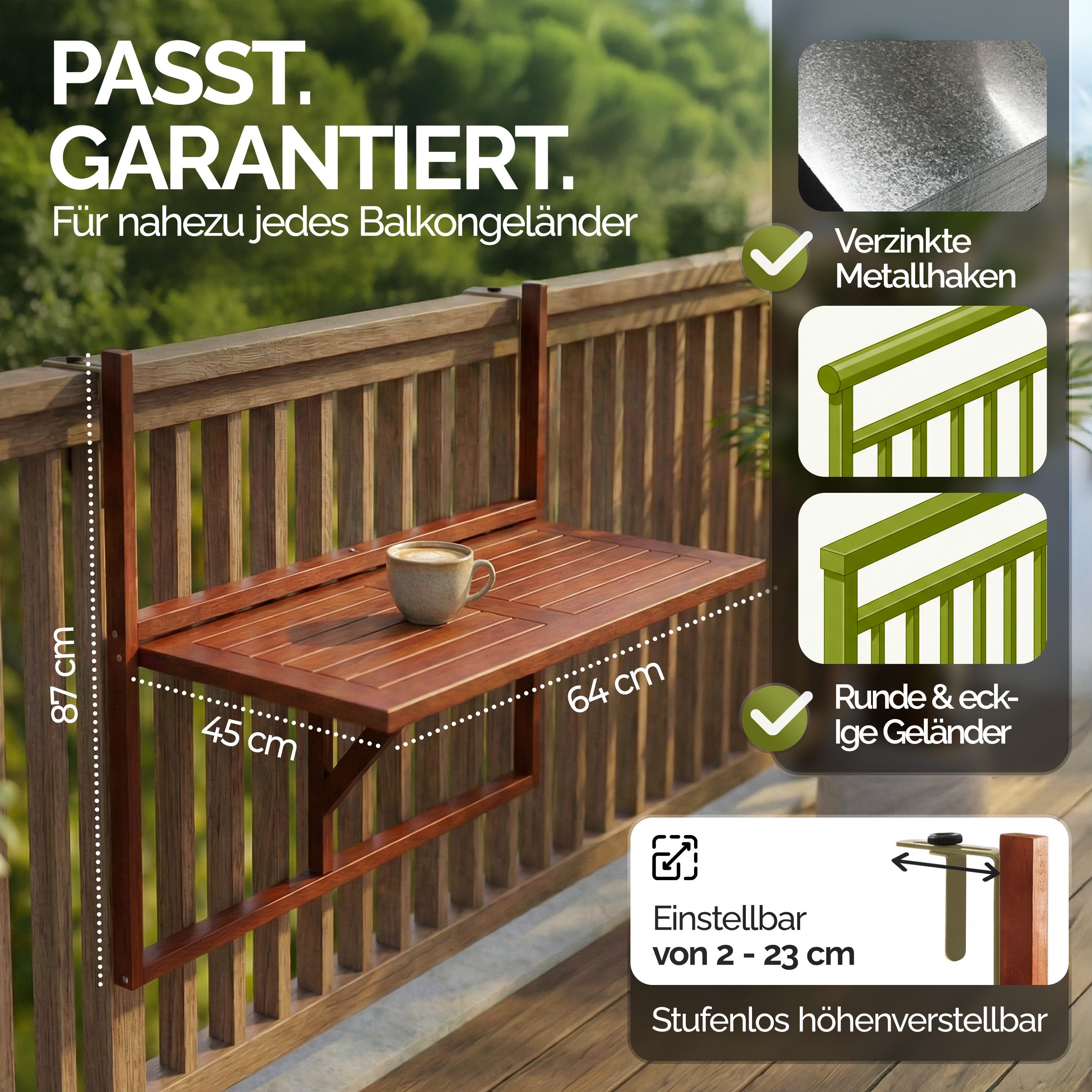 Casaria Balkonhängetisch Akazie (1-St), klappbar Holz FSC®-zertifiziert 40kg Belastbar Balkon Geländer Akazie