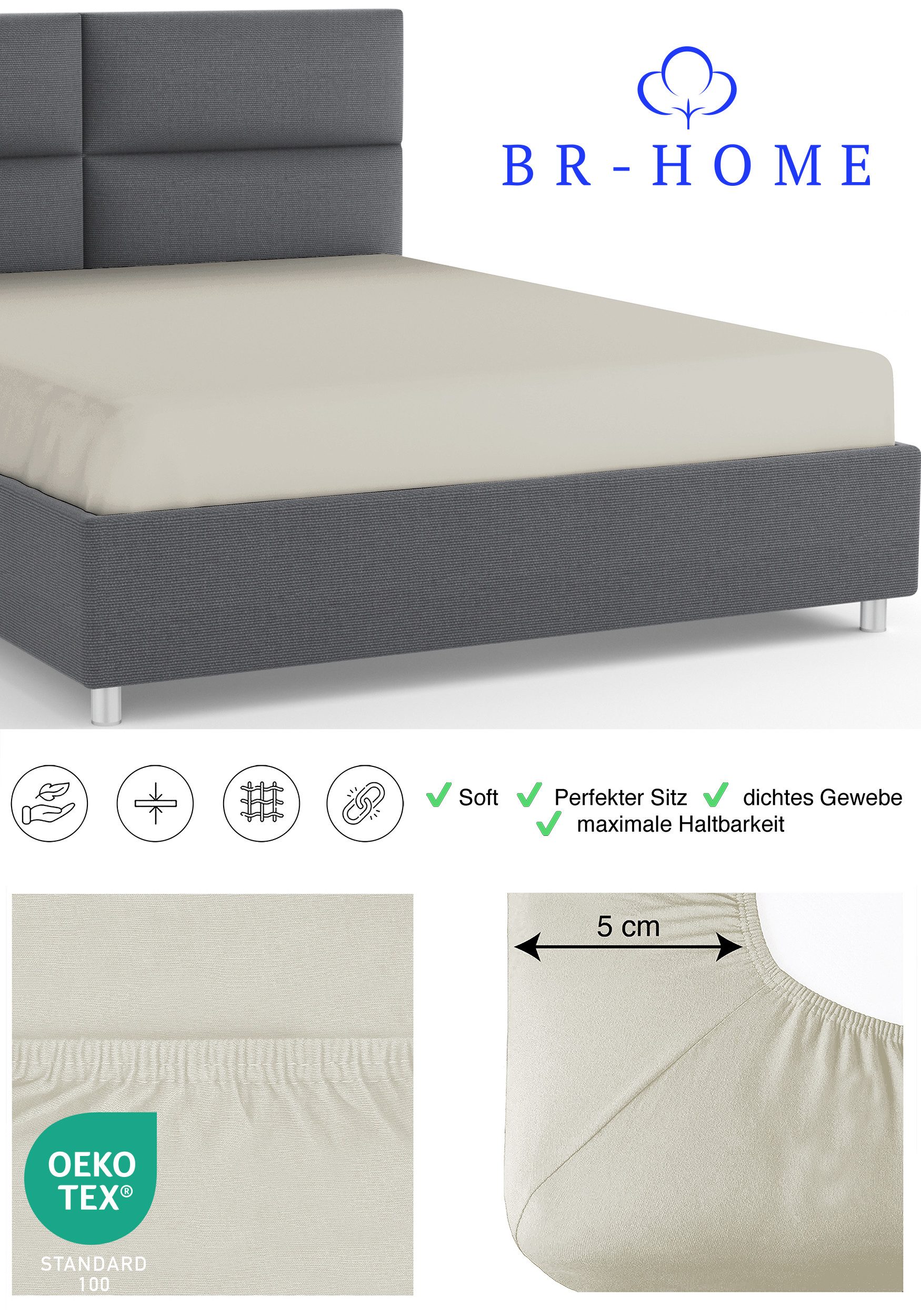 BR-Home Spannbettlaken bis zu 25cm, 100% Baumwolle Jersey Bettlaken, Spannbetttuch 145 g/m², Gummizug: rundum, (1 Stück), Rundumgummi, Atmungsaktiv – Bild 5 von 5