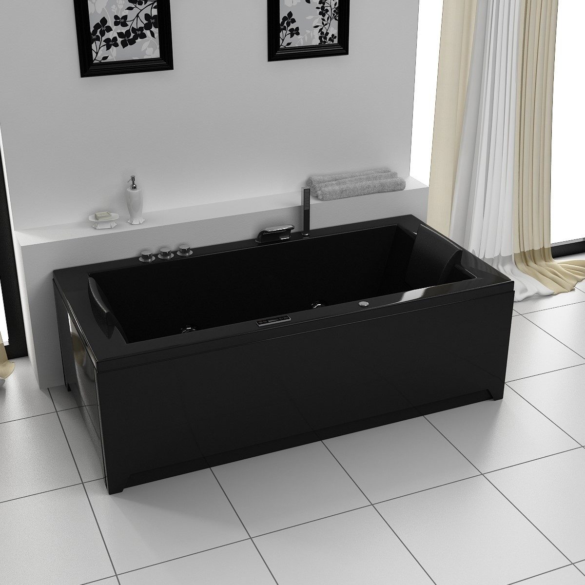 DEKO VERTRIEB BAYERN Whirlpool-Badewanne LED Whirlpool Badewanne SET 182x90 cm BLACK+ Heizung +Hydrojet +Ozon
