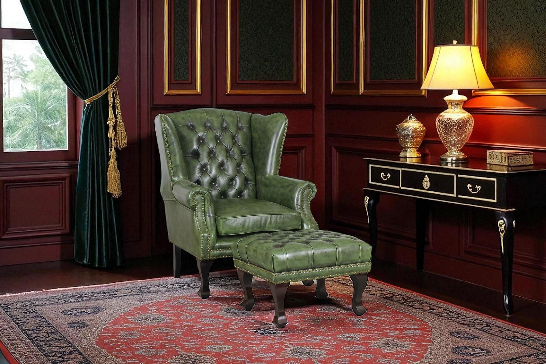 Salottini Chesterfield-Sessel Luxus Chesterfield Ohrensessel Dunhill Ledersessel (grün), Mit Hocker