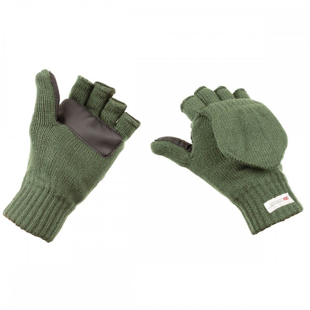 Strick-Handschuhe,ohne Fingerkappe MFH umklappbare Finger, Strickhandschuhe oliv zugleich mit Fausthandschuh, M Klettverschluss -