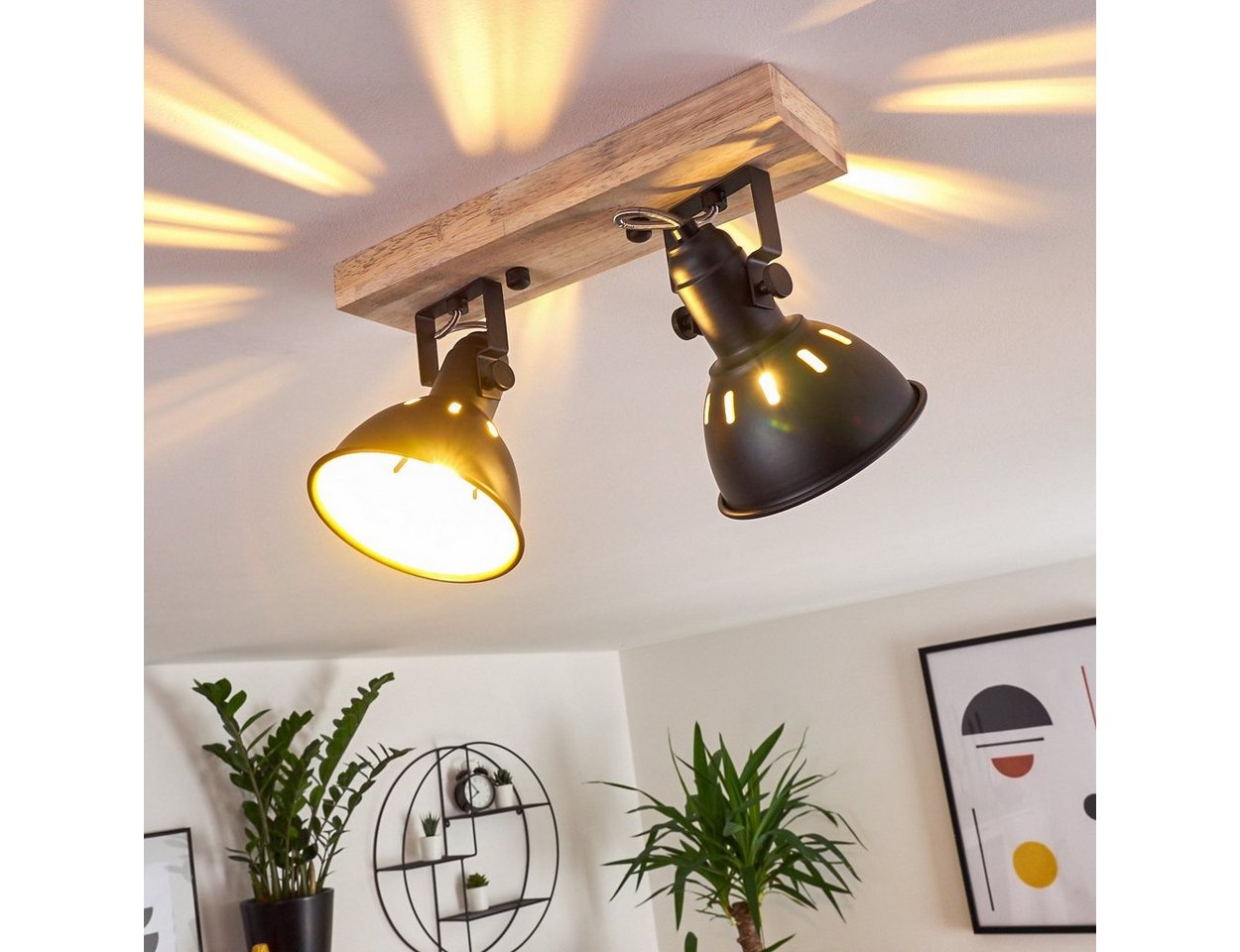 hofstein Deckenleuchte »Arazane« 2-flammiger aus Metall schwarz-gold und Holz, ohne Leuchtmittel, Retro Deckenlampe, 2xE14, die Leuchtenköpfe sind dreh-/schwenkbar