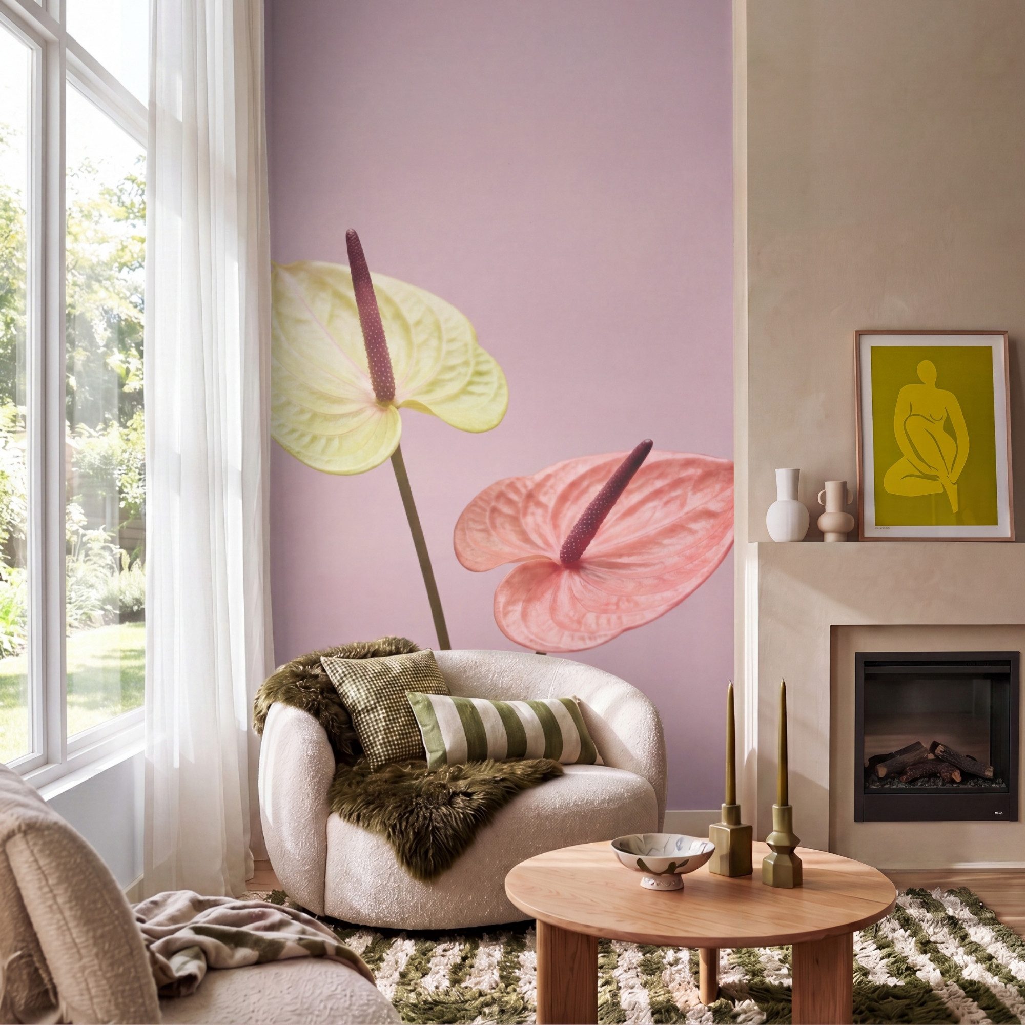 OnlyWow Fototapete Blumen - Anthurien - Gelb - Rosa, Matt, bedruckt, Modern, bedruckt, Wohnzimmer, Wandtapete 120x200cm