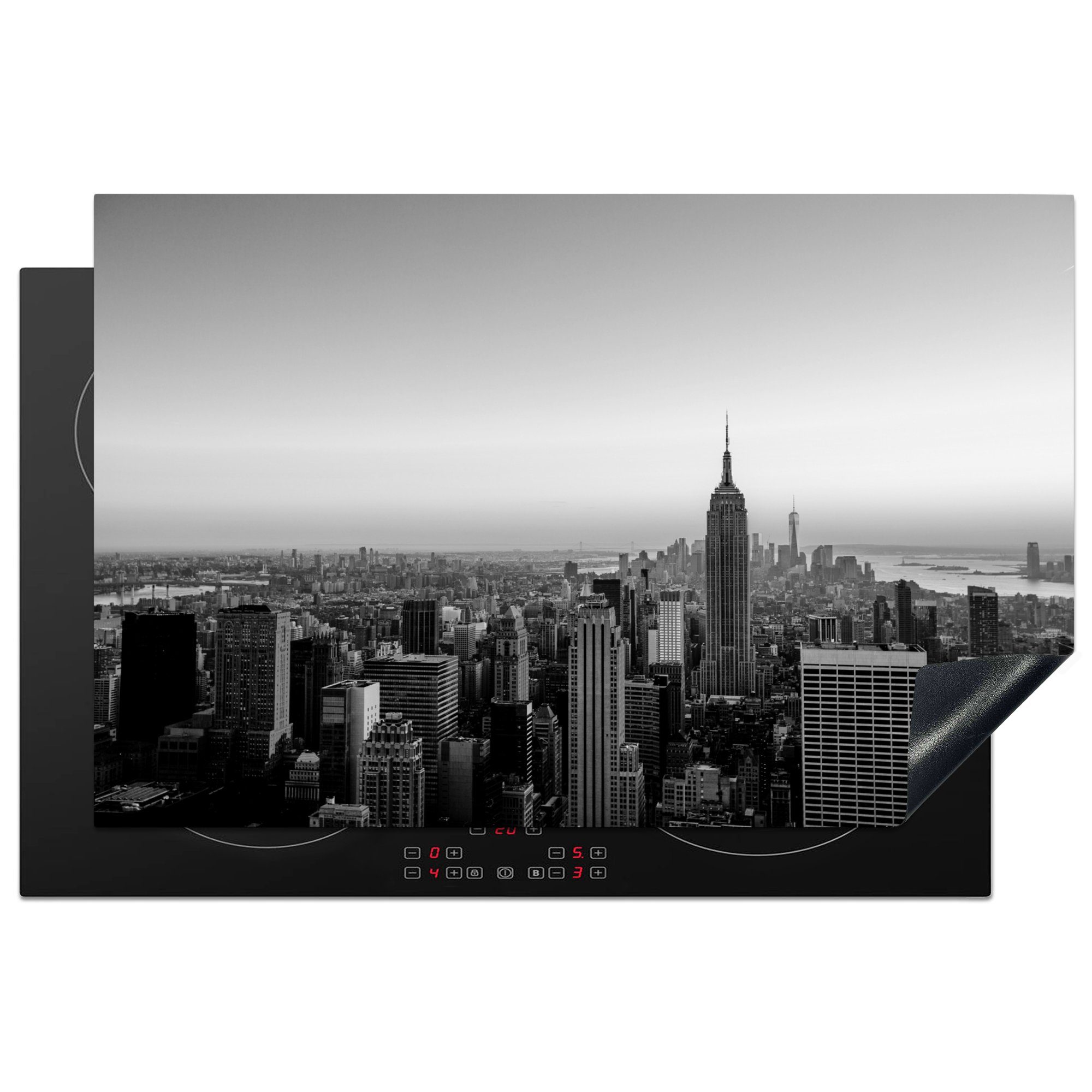 MuchoWow Herdblende-/Abdeckplatte New Yorker Skyline mit Sonnenuntergang - schwarz und weiß, Vinyl, (1 tlg), 81x52 cm, Induktionskochfeld Schutz für die küche, Ceranfeldabdeckung