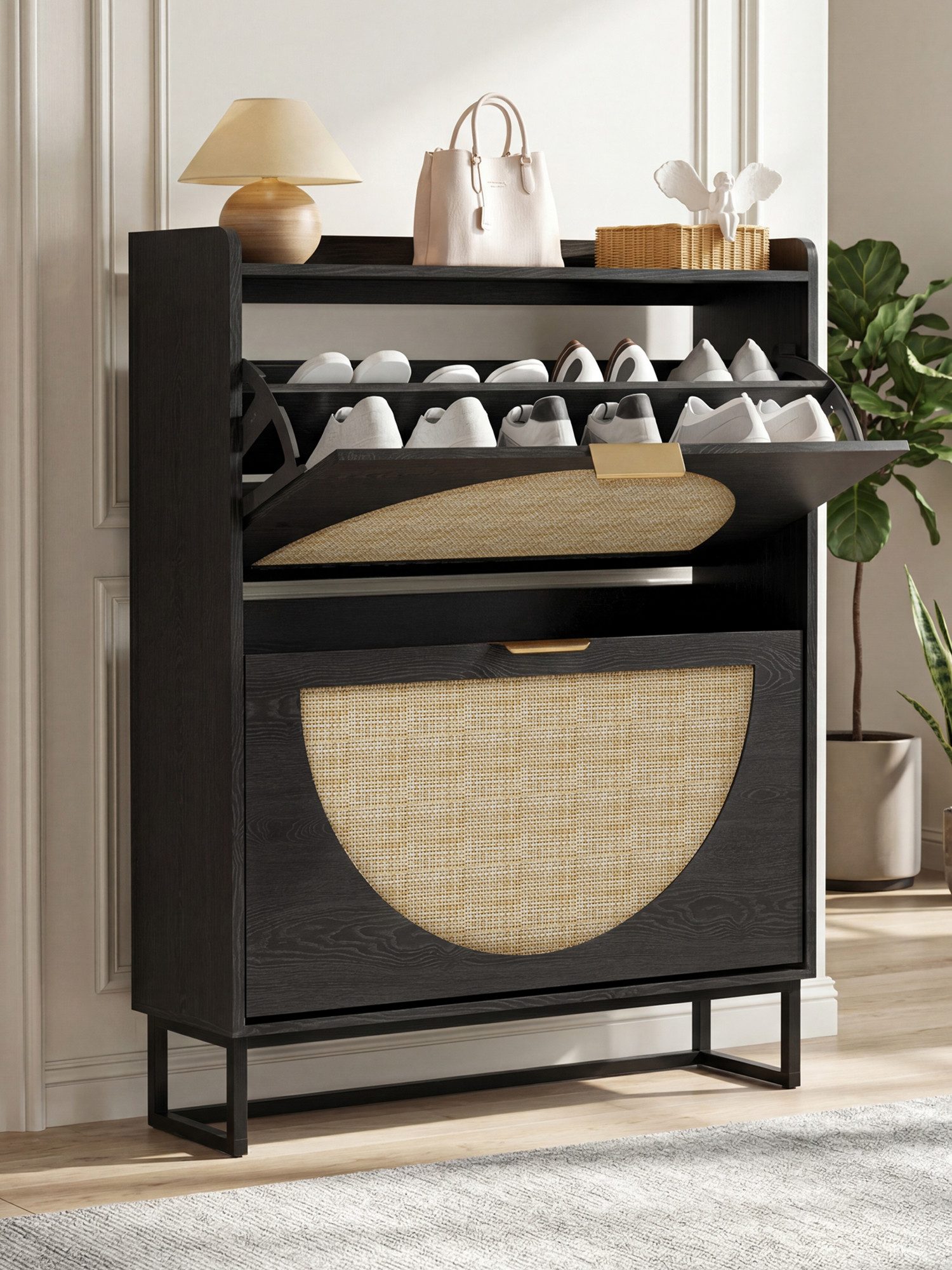 FiveWillowise Schuhschrank Schuhschrank Schmal, Schuhkipper mit Verstellbar, Holz Schuhregal mit 2 Klappen, 80x24x101 cm, Schwarz