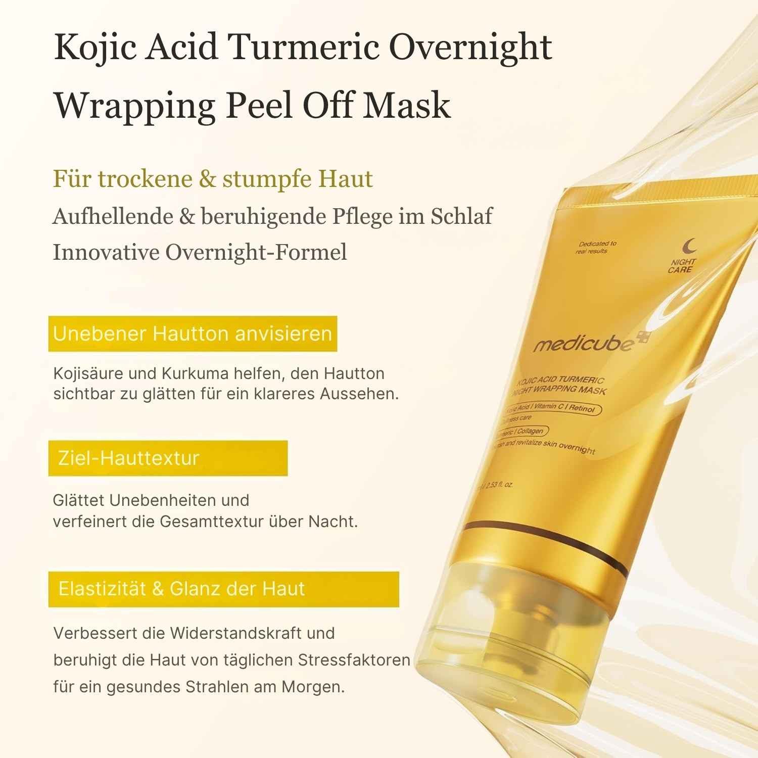 Medicube Gesichtsmaske Turmeric Night Wrapping Peel Off Mask – mit Kojic Acid & Collagen für junge Haut – 8h intensive Pflege, – Gleichmäßiger Teint & jugendlicher Glow