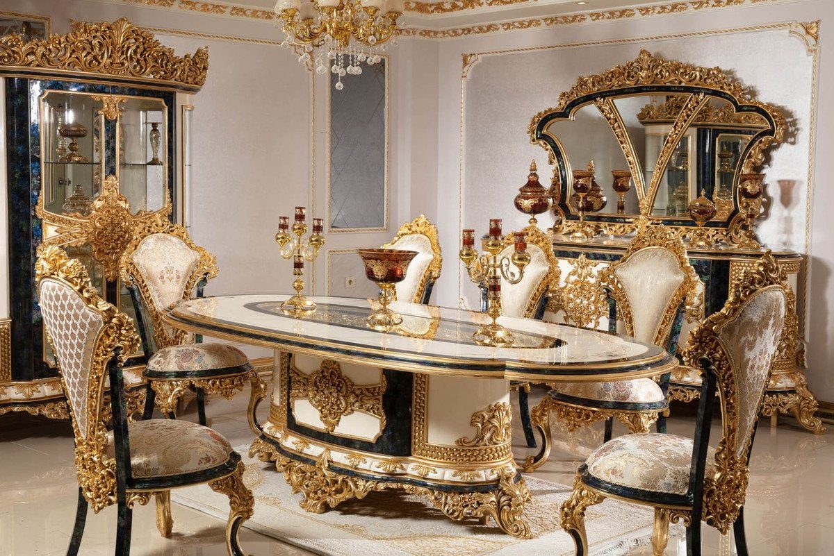 Casa Padrino Esszimmerstuhl Edel mit / Stühle Esszimmerstuhl elegantem Barock / Set Set Muster - Handgefertigtes 6er Blau - & Prunkvoll - Barock Luxus Mehrfarbig Esszimmer Küchen Möbel Gold