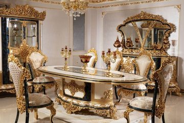 Casa Padrino Esszimmerstuhl Luxus Barock Esszimmerstuhl Set Mehrfarbig / Blau / Gold - Handgefertigtes Küchen Stühle 6er Set mit elegantem Muster - Barock Esszimmer Möbel - Edel & Prunkvoll
