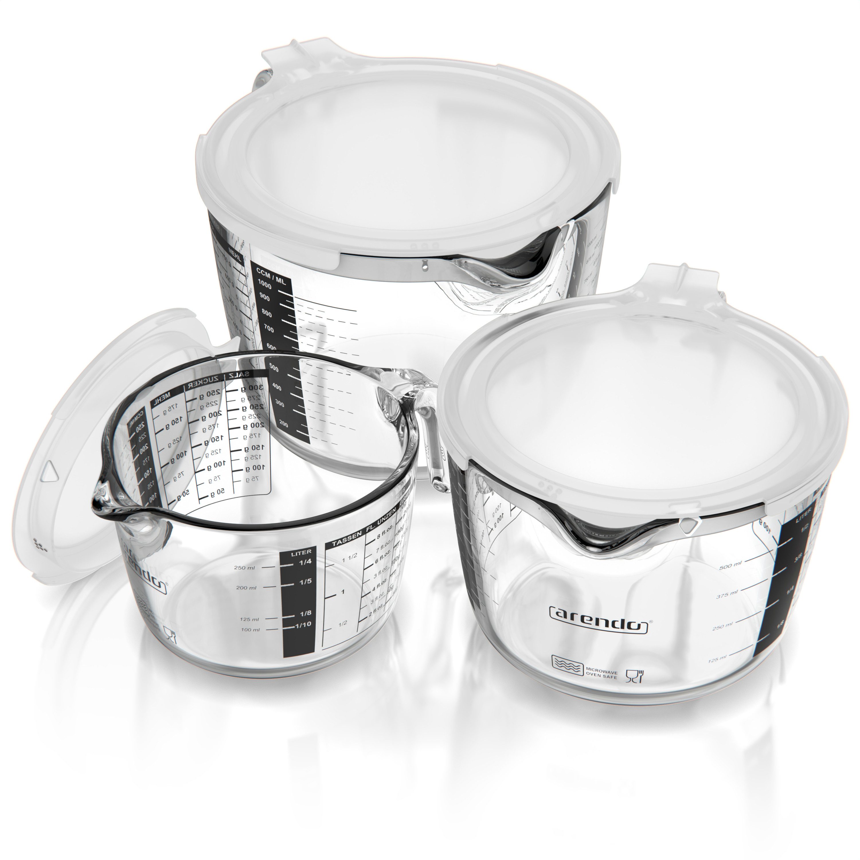 Arendo Messbecher 250 ml, 500 ml & 1000 ml Glas Messkrug Set mit Deckel, Borosilikatglas, Glas, (Set, 3-St), hitzebeständig, präzise Skala, Mikrowellen geeignet, Rührbecher