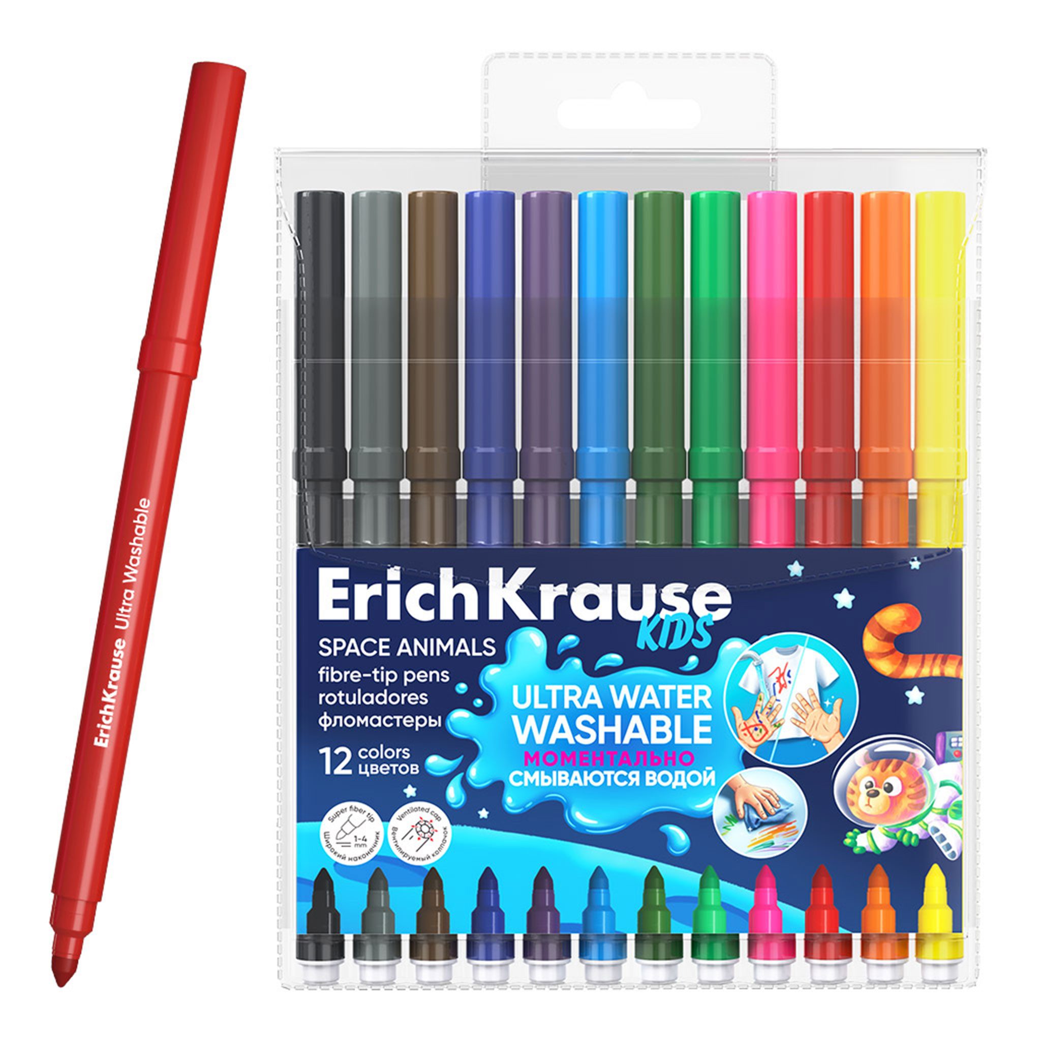 Erich Krause Filzstift, Filzstifte 4mm Space Animals ultra auswaschbar 12 Farben Set