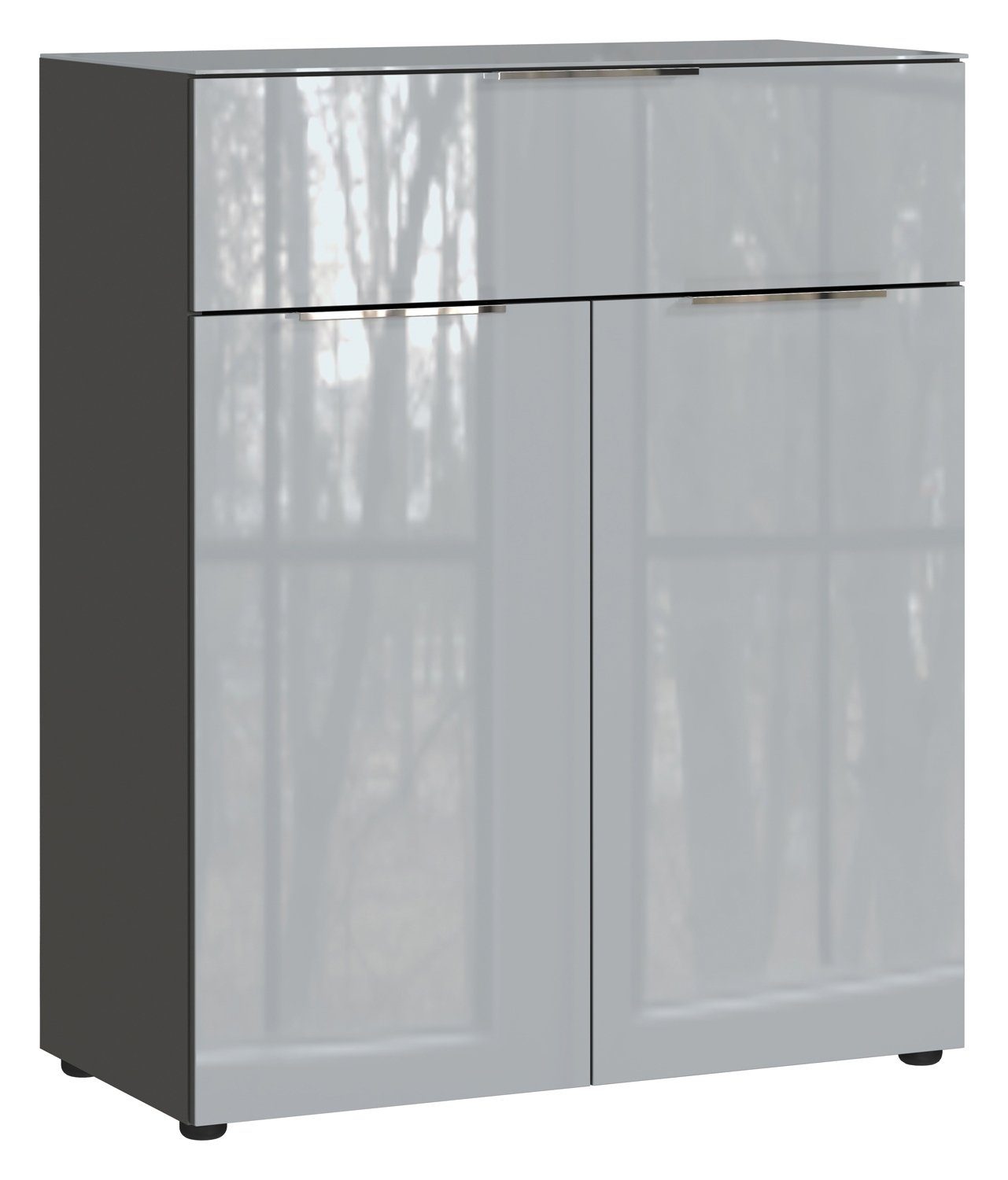 GERMANIA Kommode OAKLAND, Graphitfarben, Silbergrau, 1 Schublade, 2 Türen, Fronten aus Glas, B 83 x H 102 x T 42 cm