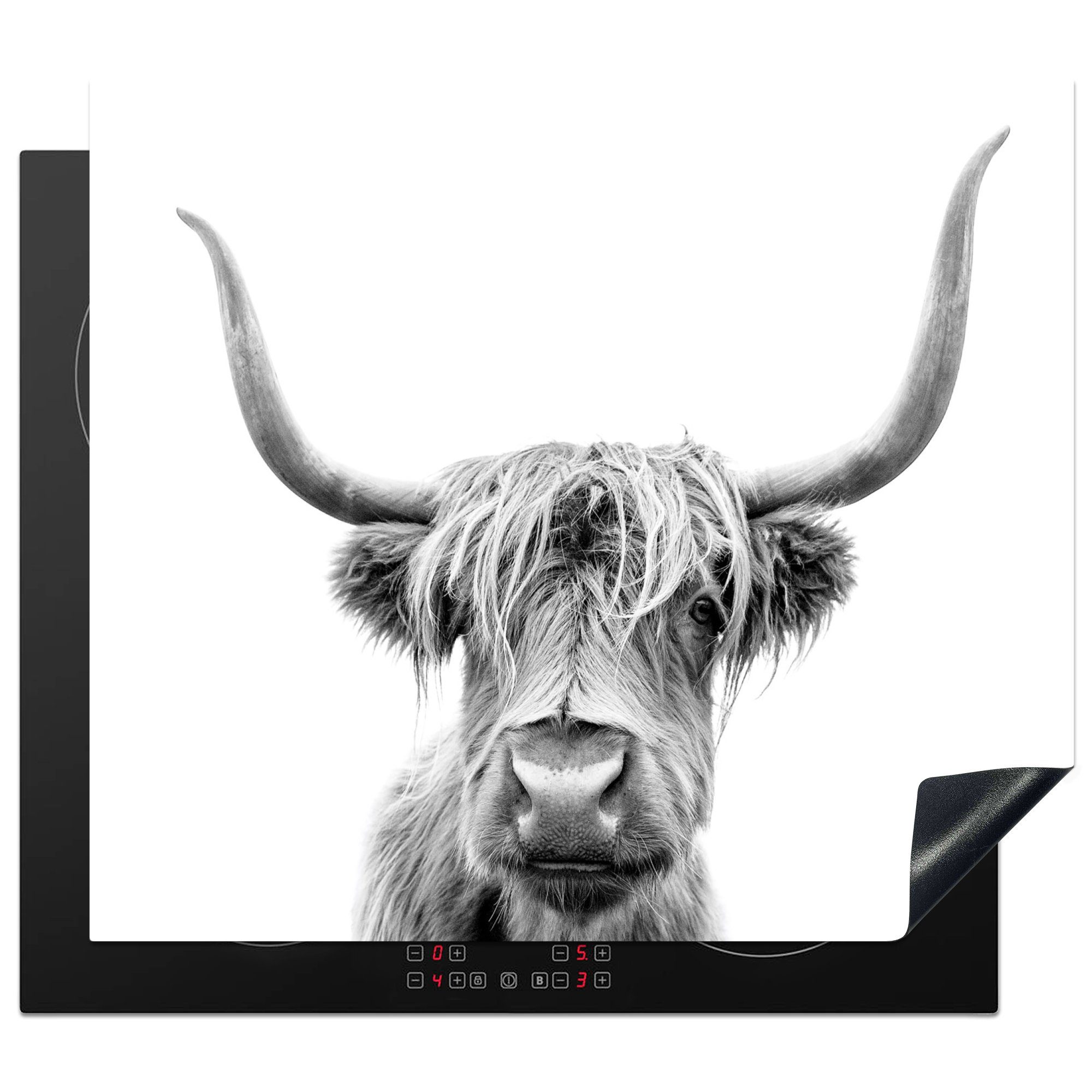 MuchoWow Herdblende-/Abdeckplatte Schottischer Highlander - Schwarz - Weiß - Tiere, Vinyl, (1 tlg), 59x52 cm, Ceranfeldabdeckung für die küche, Induktionsmatte