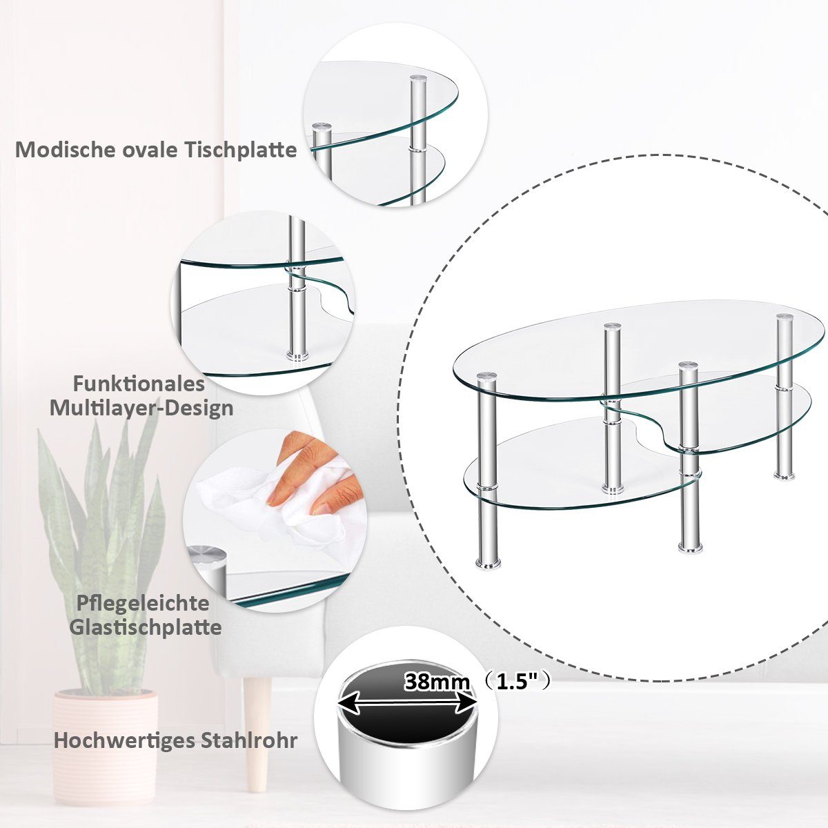 COSTWAY Glastisch, Couchtisch Glas, Oval, Metallrahmen, günstig online kaufen
