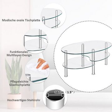 COSTWAY Glastisch, Couchtisch Glas, Oval, Metallrahmen, 50x90x45cm