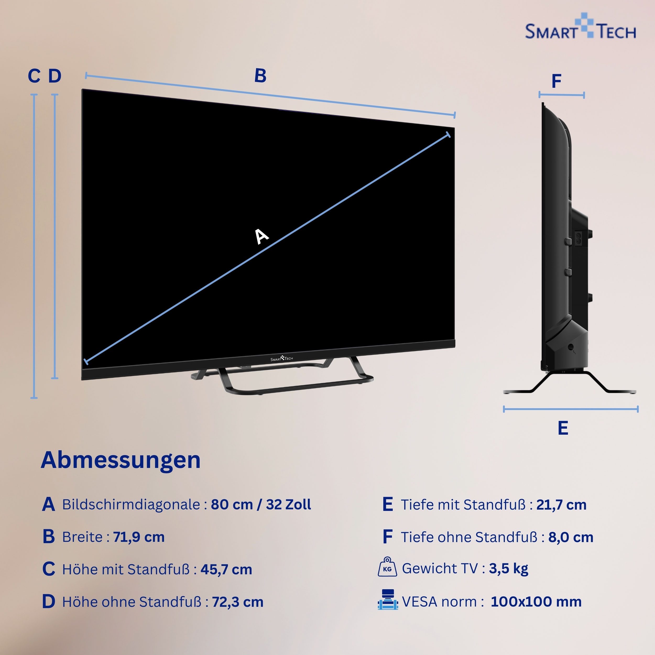 Smart Tech 32HV02V LED-Fernseher (80 cm/32 Zoll, HD-ready, VIDAA Smart TV, VIDAA Smart TV, Bluetooth, Triple-Tuner)