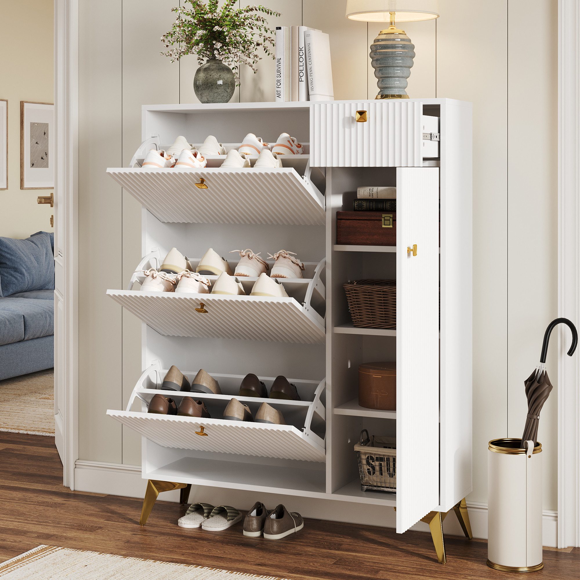 Flieks Schuhschrank Schuhkommode mit 3 Klappen, 1 Schublade und 1 Tür (H121xB90xT25 cm, 1-St., ca 16 Paar Schuhe) Schuhregal mit verstellbarer Einlegeböden Schuhkipper Weiß+Goldfarbe