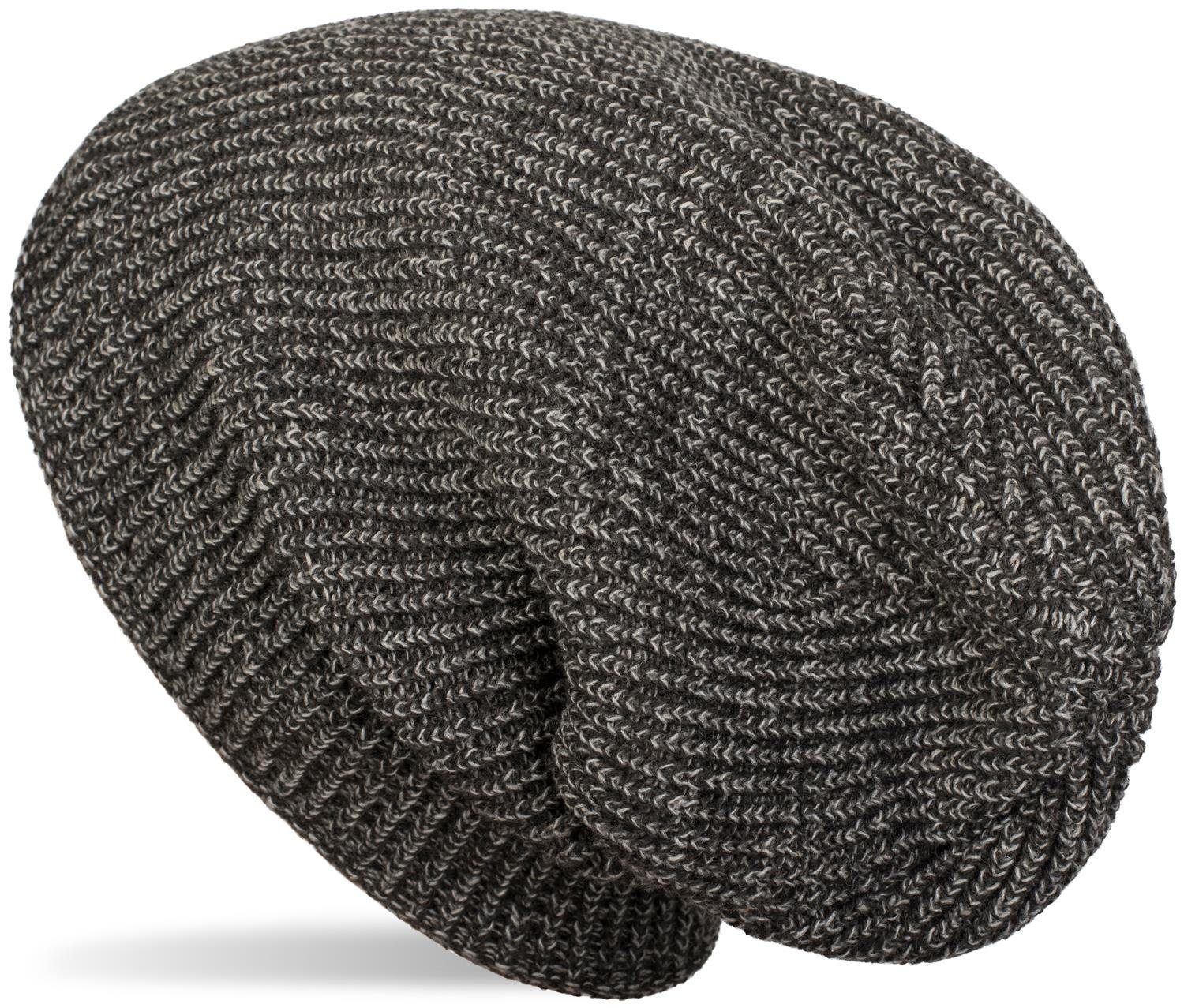 (1-St) styleBREAKER Feinstrick Melierte Fleece Beanie mit Mütze Grau-Beige Strickmütze