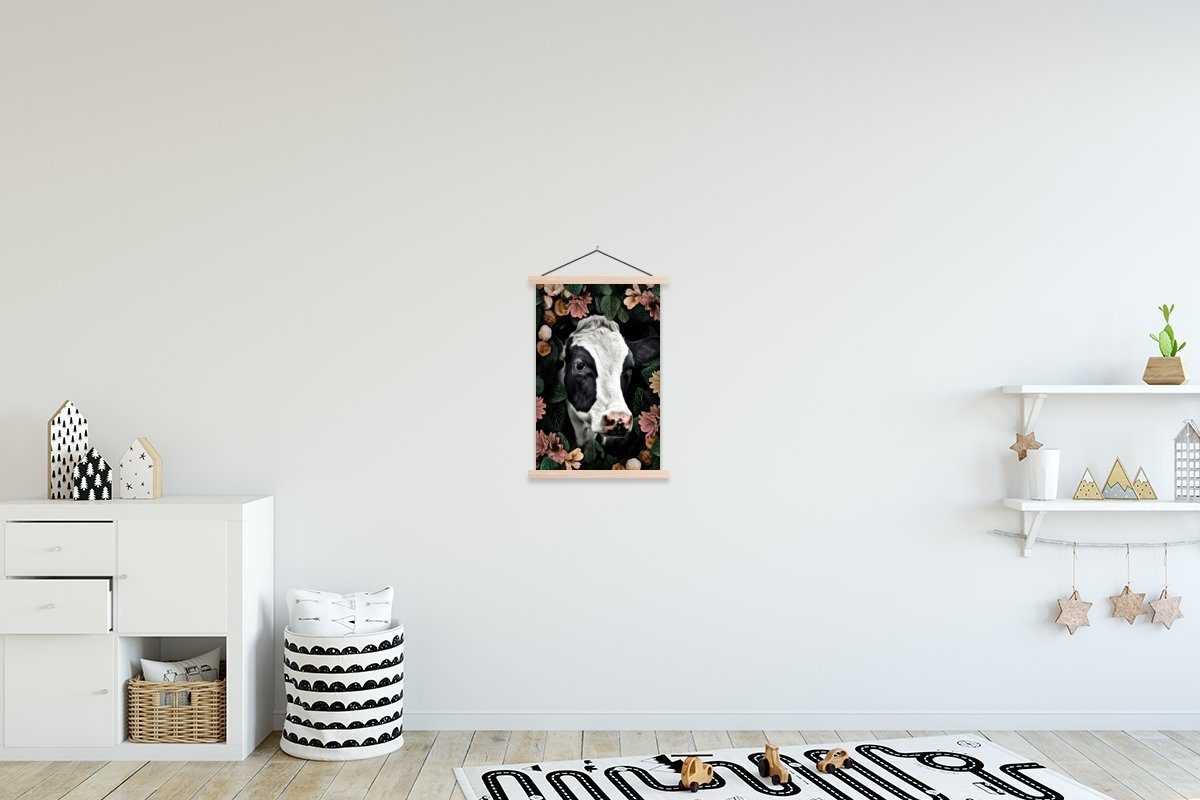 MuchoWow Poster Kuh - Blumen - Blätter, (1 St), Posterleiste, Textilposter für Wohnzimmer, Bilderleiste, Magnetisch