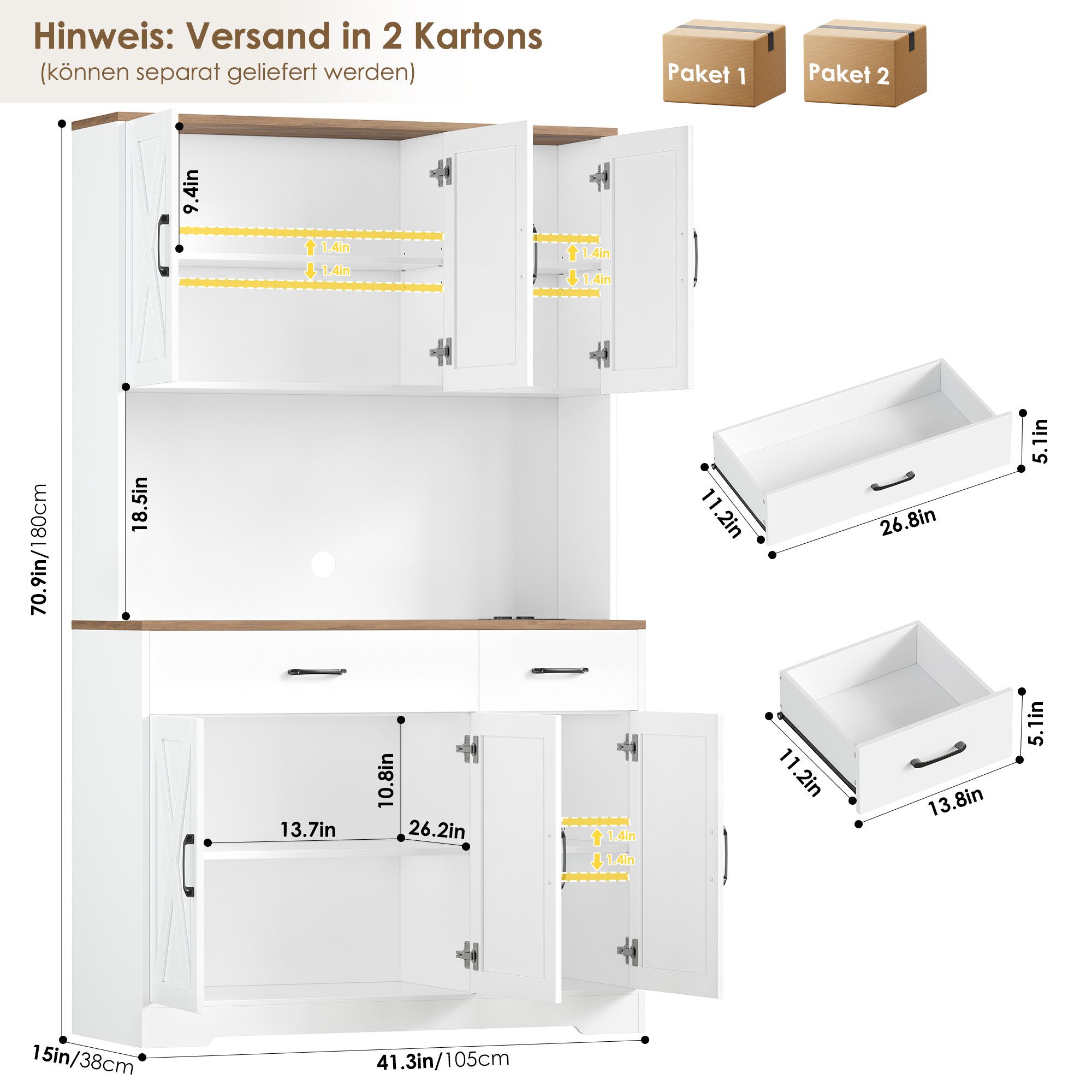 HOMECHO Küchenbuffet Weiß Küchenschrank mit Steckdosen, 6 Türen, 2 Schubladen, 180x105x38cm