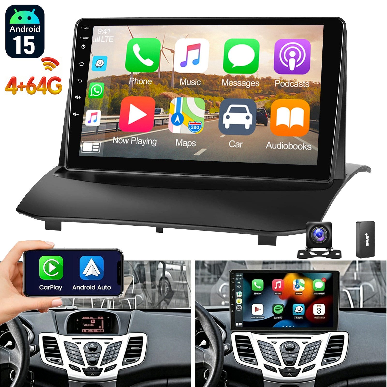 ESSGOO DAB+ Android 15 Autoradio GPS Navi WIFI Für Ford Fiesta MK6 2009-2017 Autoradio (4+64GB(optional), FM, AM, DAB+ (optional), Apple Carplay & Android Auto,Bluetooth EQ USB Touchscreen SWC)