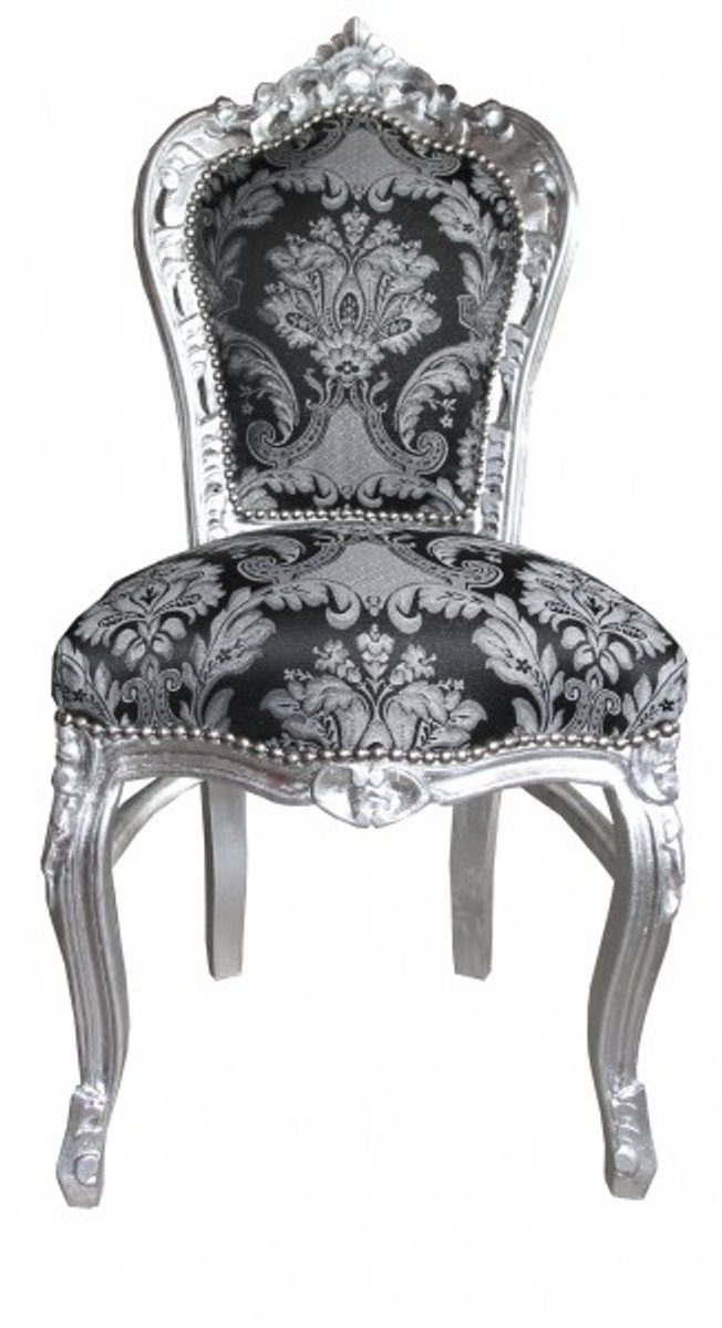 Casa Padrino Esszimmerstuhl Barock Esszimmer Stuhl ohne Armlehnen Schwarz Muster / Silber - Antik Stil Möbel